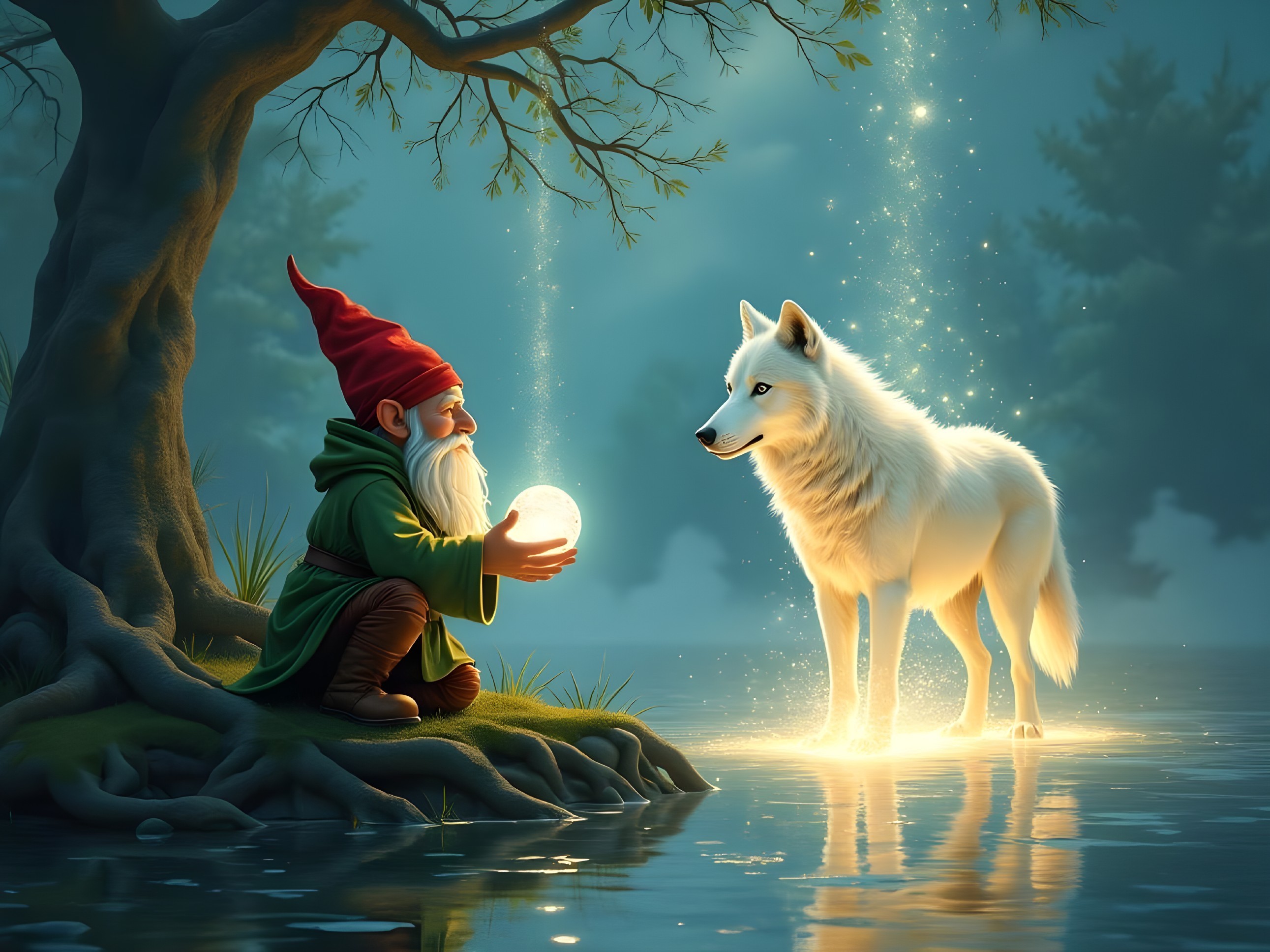 Gnome and Wolf in Enchanted Forest by Shimmering Lake