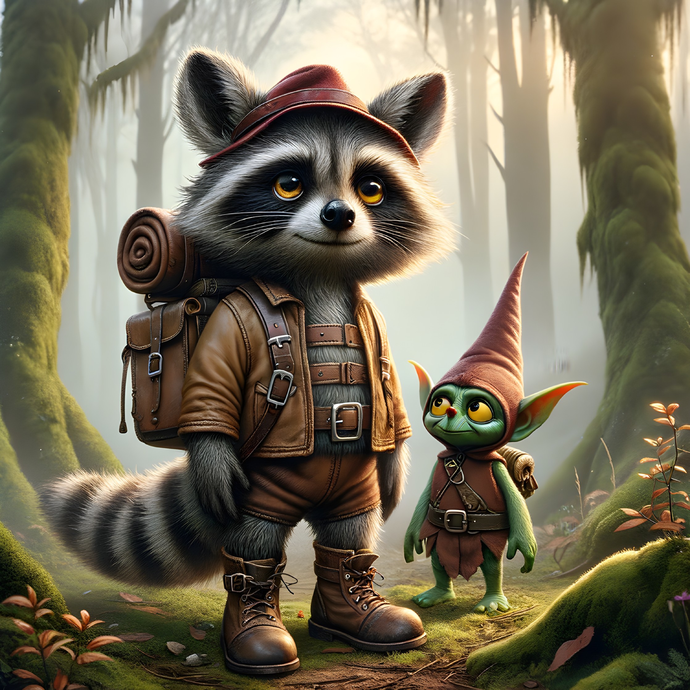 Raccoon and Goblin in a Magical Forest Setting