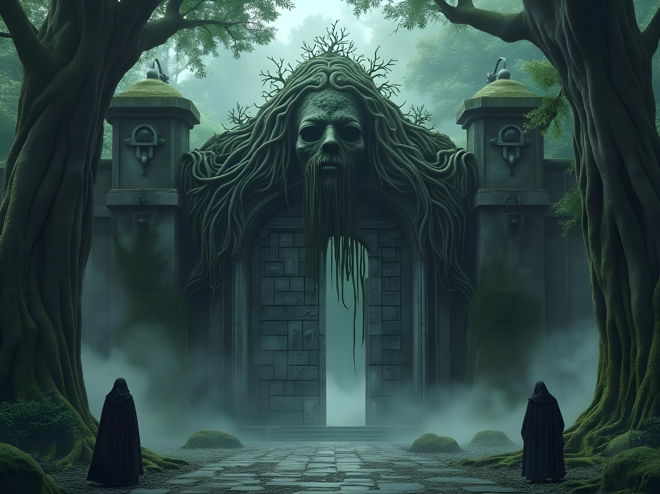 Ancient Gate in Enchanted Forest with Cloaked Figures