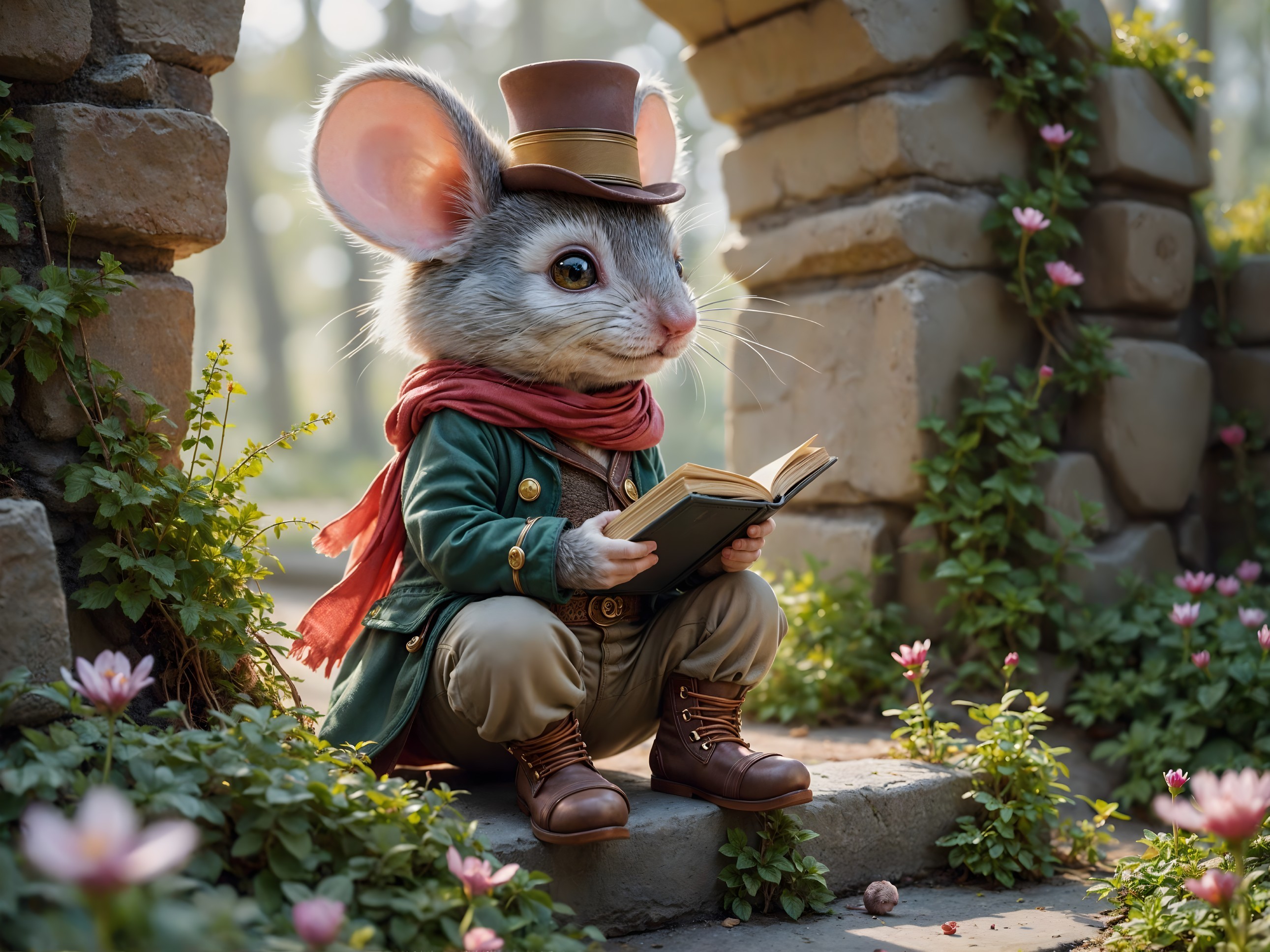 Anthropomorphic mouse in garden with book and hat