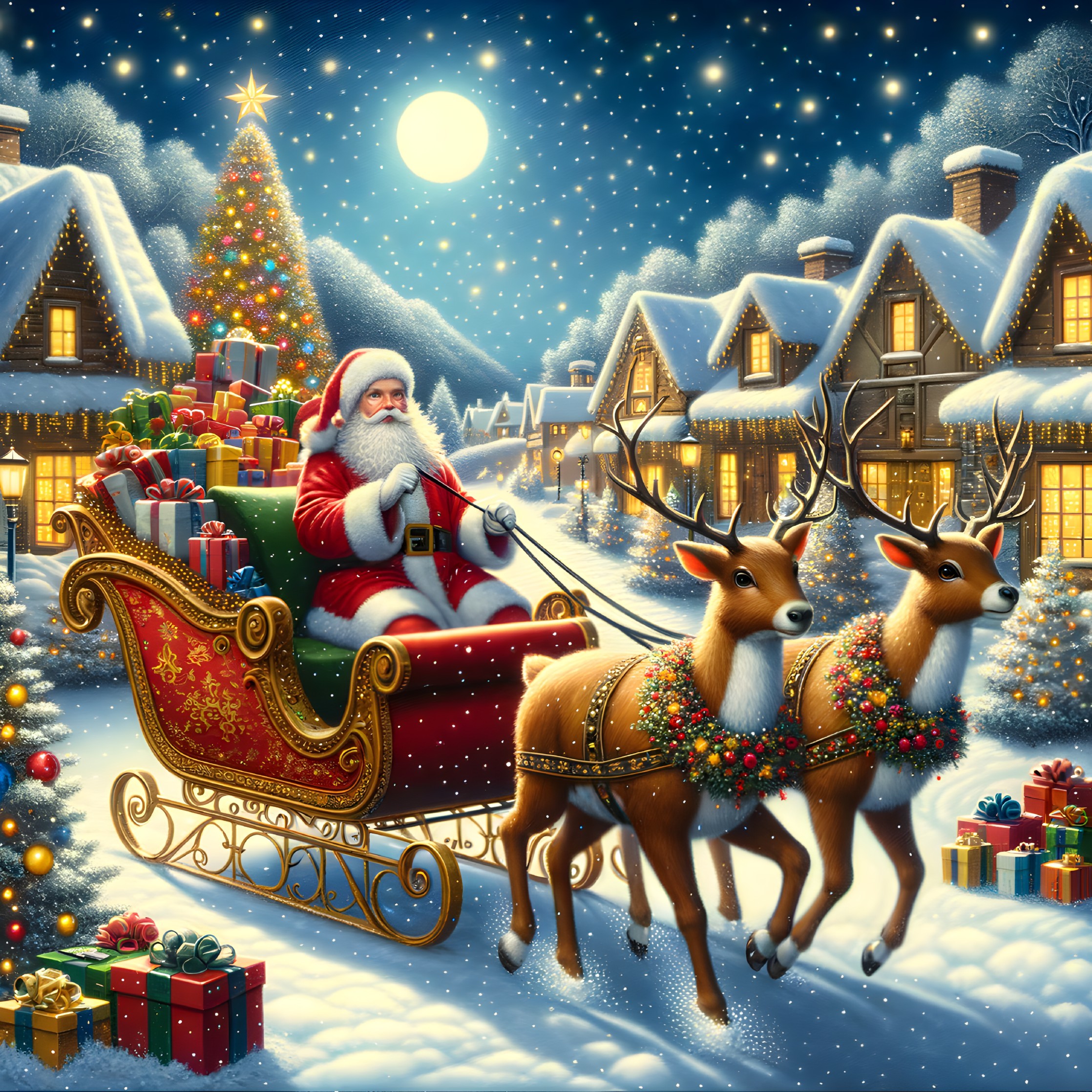 Santa Claus in a sleigh through a snowy village scene
