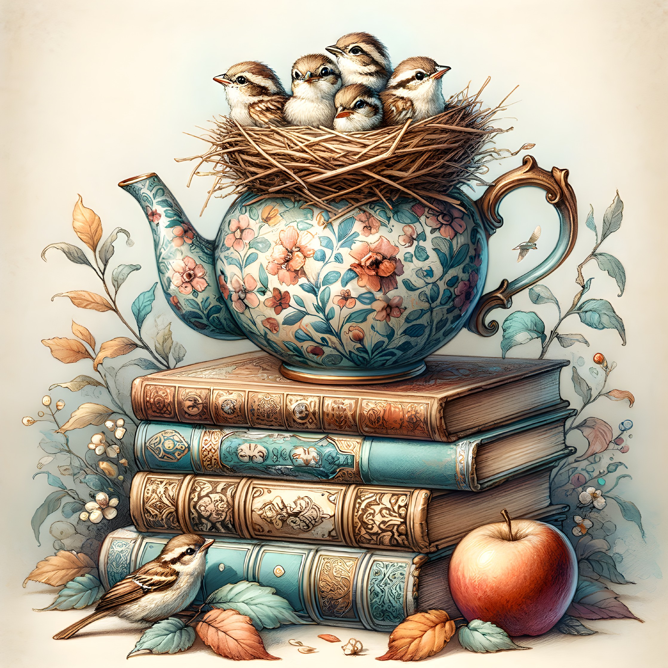 Teapot Nesting Baby Sparrows with Antique Books