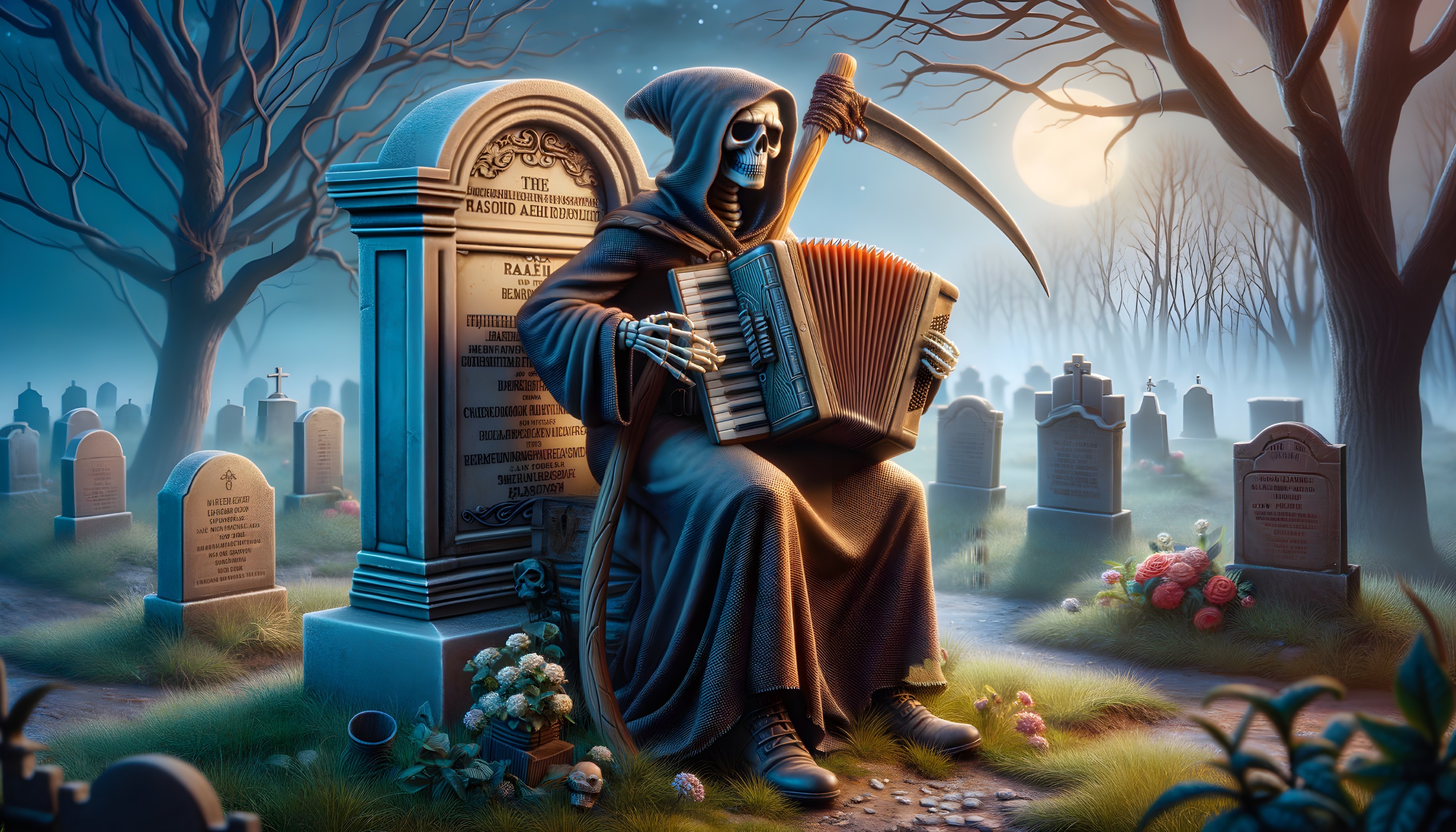 Misty cemetery scene with grim reaper and accordion