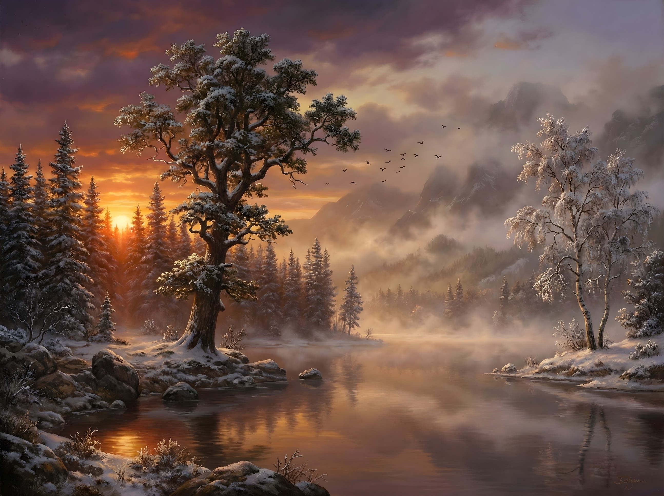 Hyperrealistic Winter Landscape at Sunrise with Lake