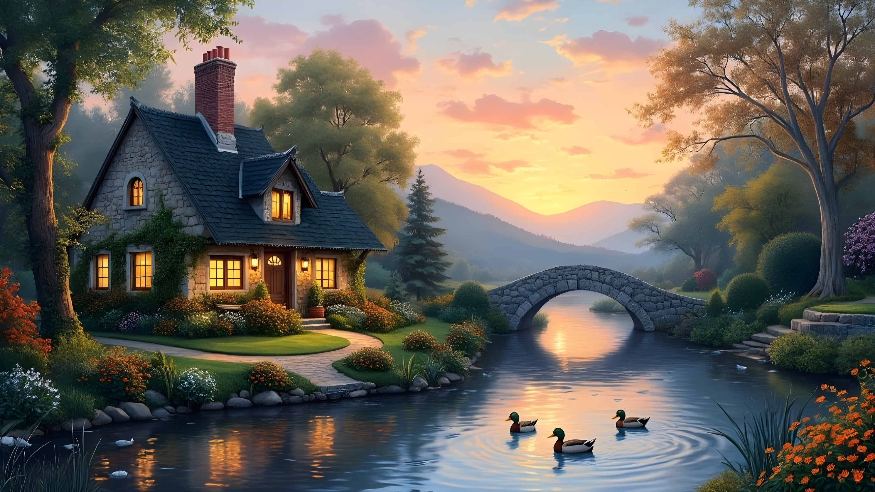 Charming Cottage by Tranquil River at Sunset