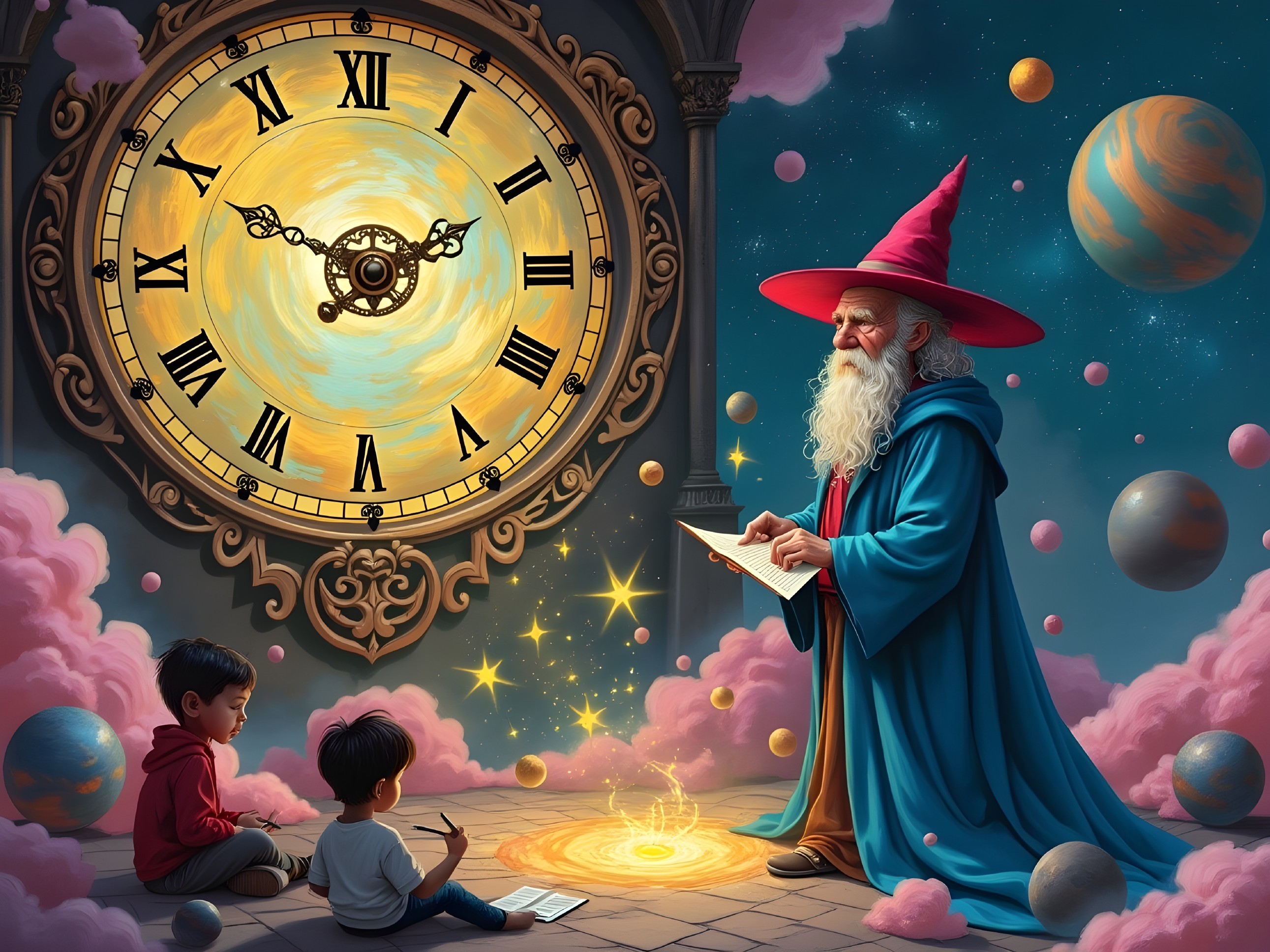 Wizard with Red Hat and Children in Magical Setting