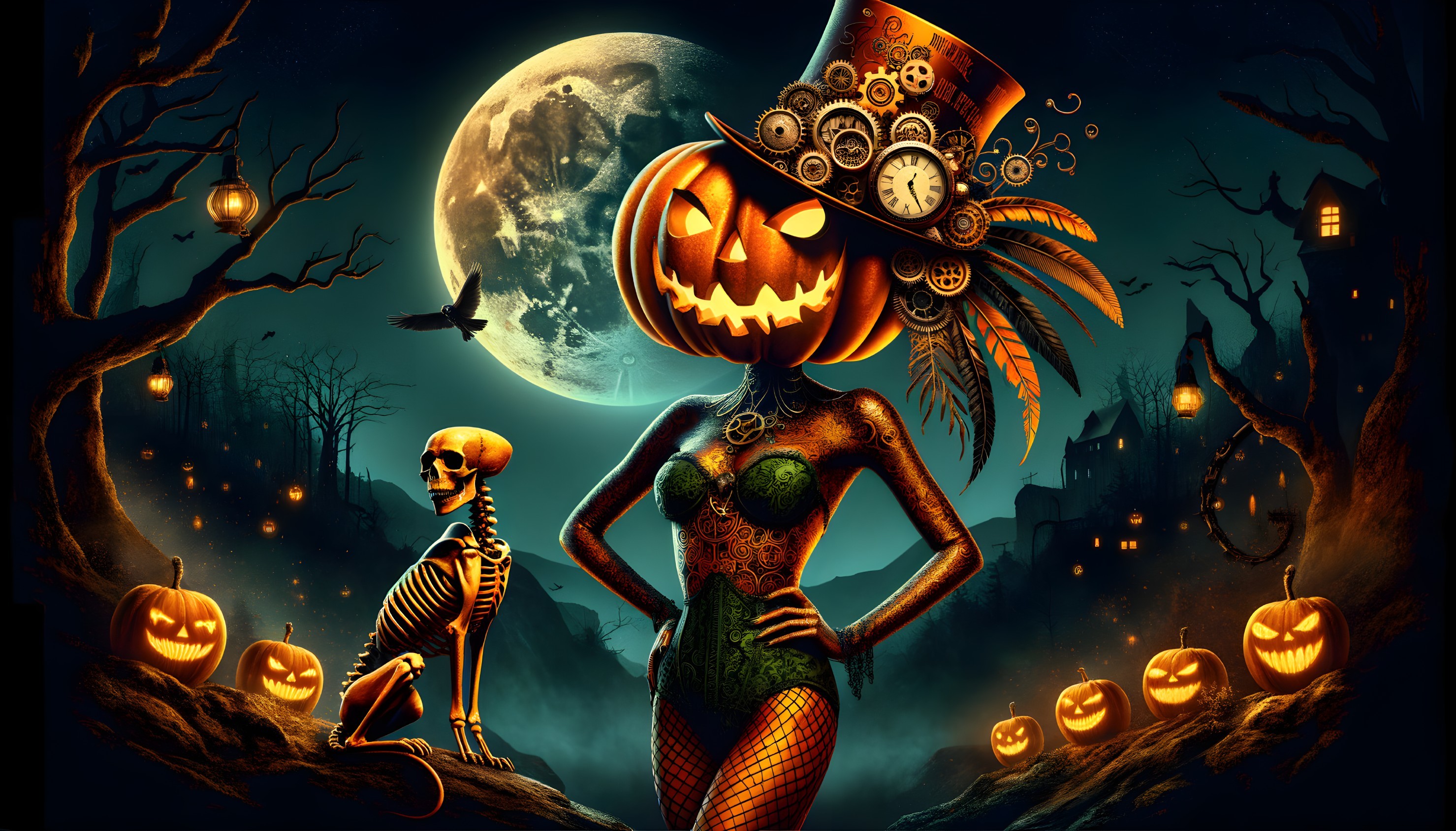 Halloween Illustration with Pumpkin-Headed Figure