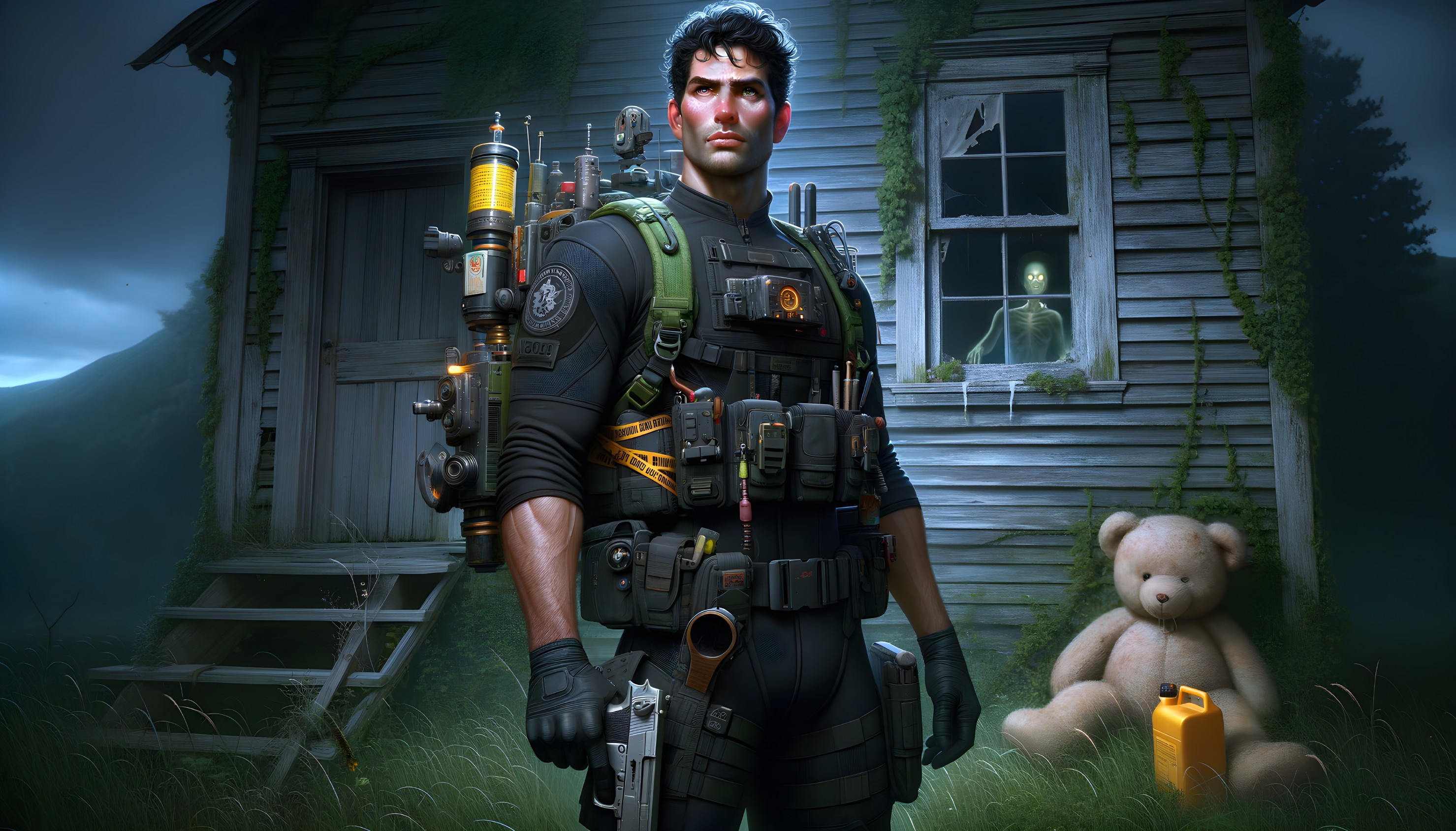 Rugged Figure in Tactical Gear Before Eerie House