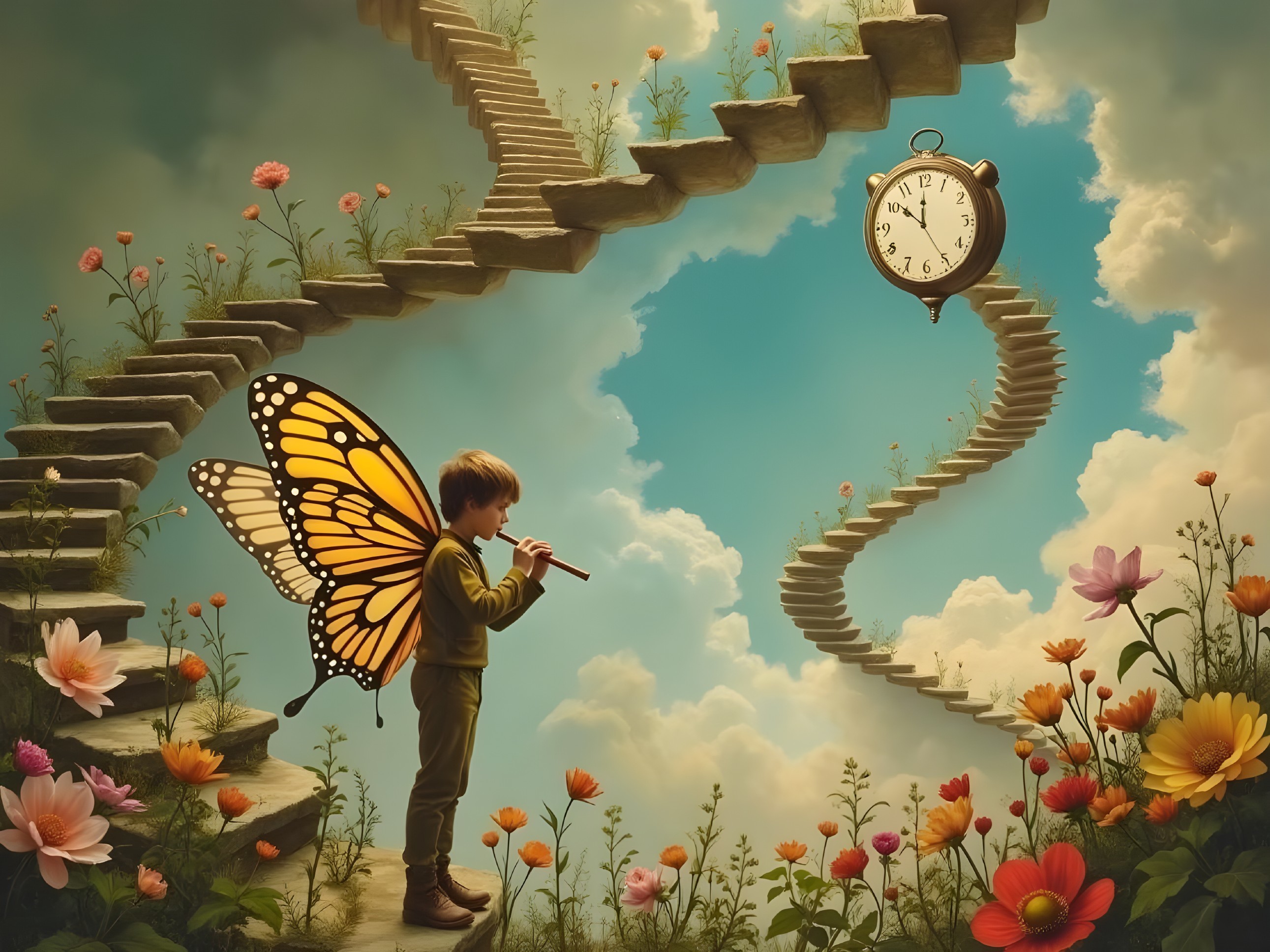 Surreal Scene of Boy with Flute and Melting Clock