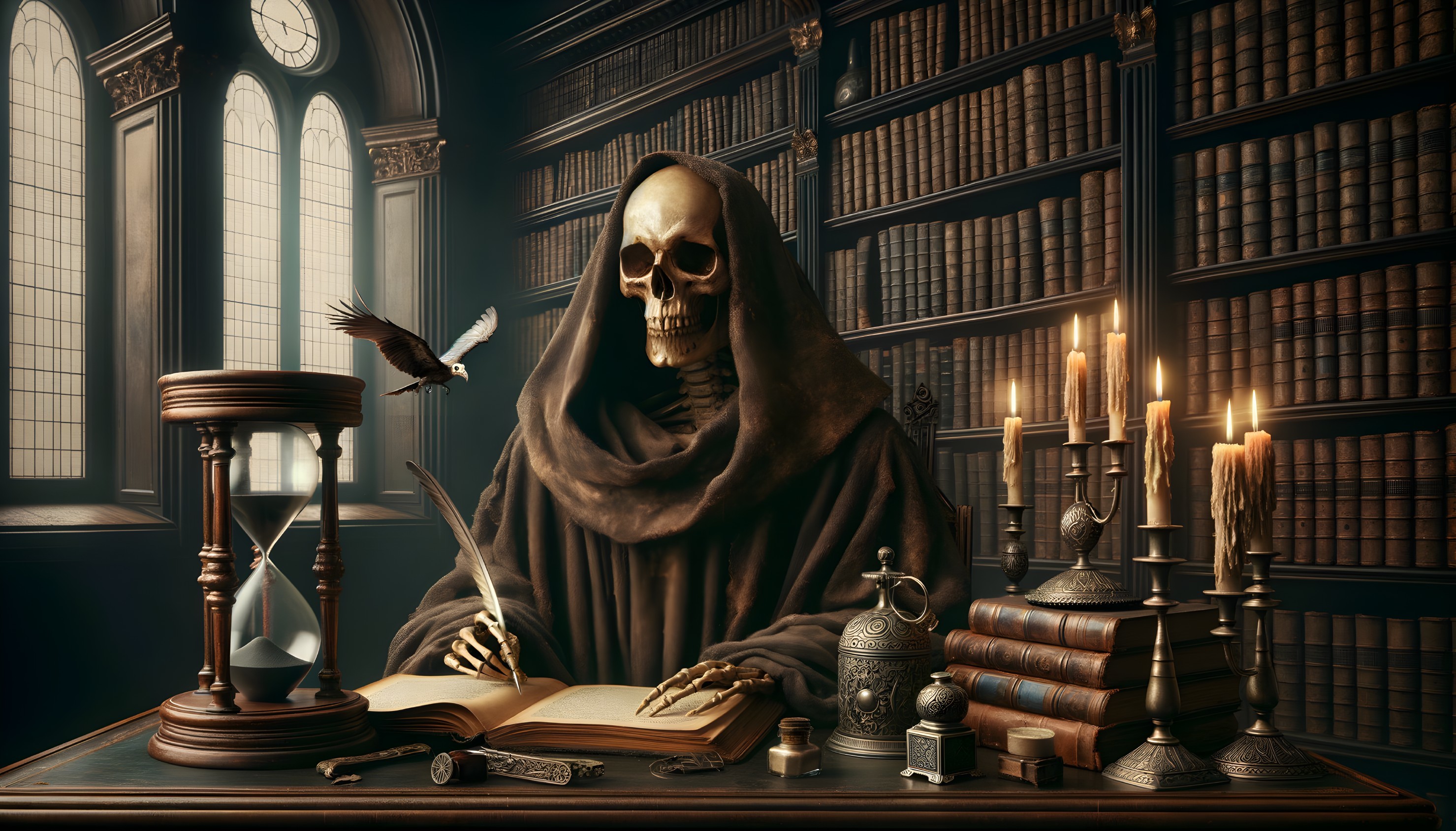 Cloaked skeleton writing in a dimly lit library