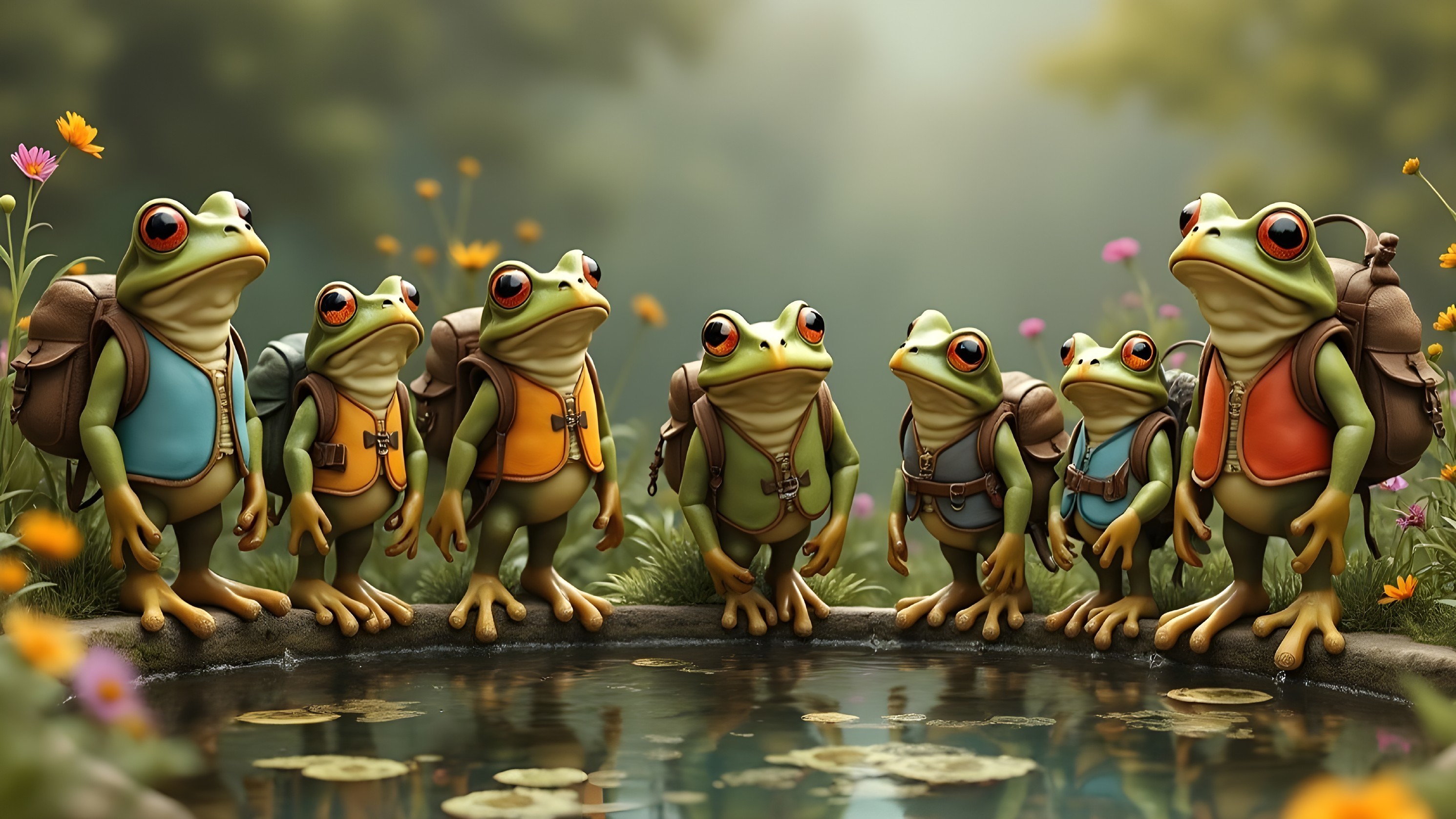 Cartoon Frogs by a Serene Pond in Colorful Attire