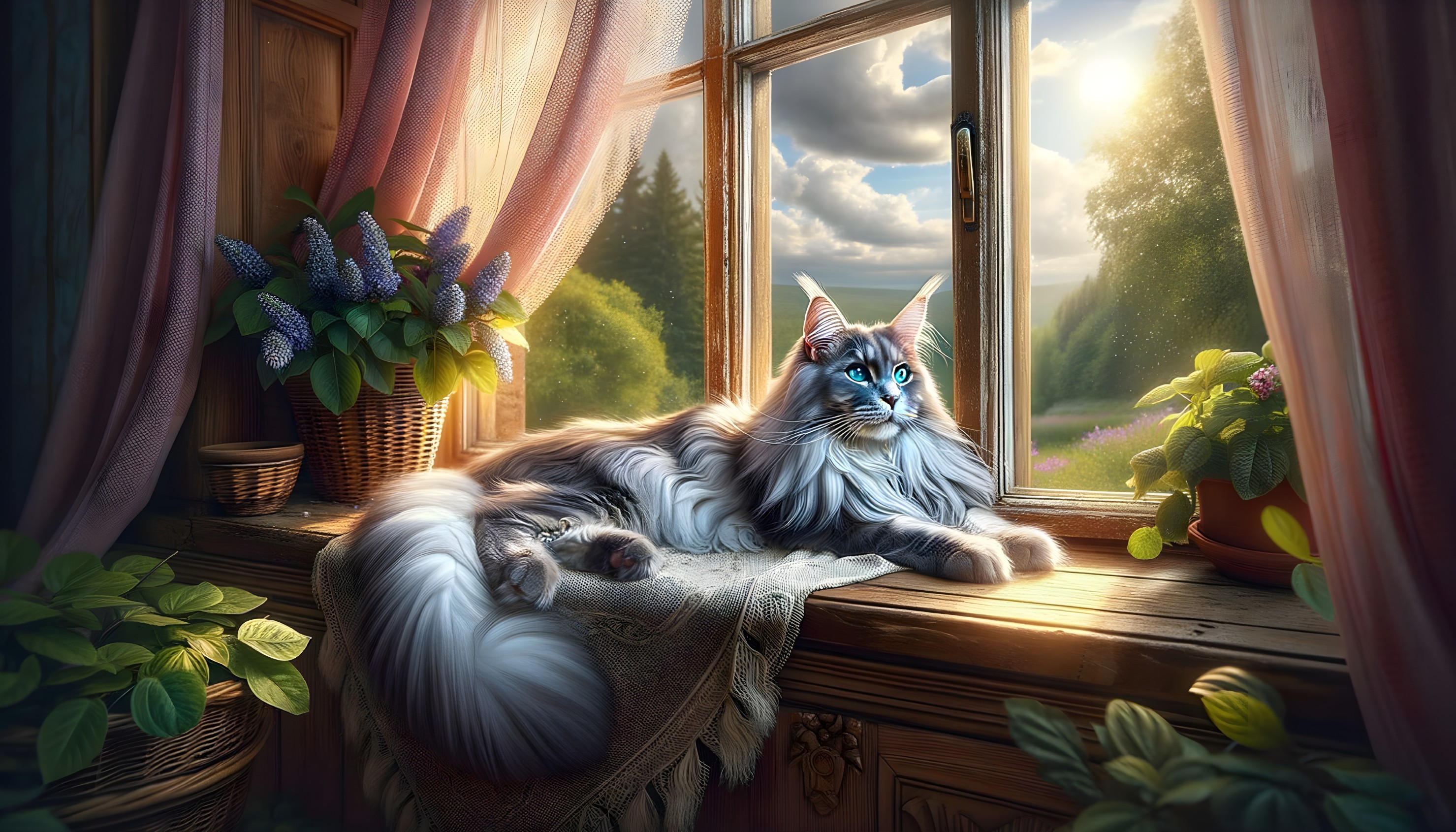 Blue-eyed cat on sunlit windowsill with greenery