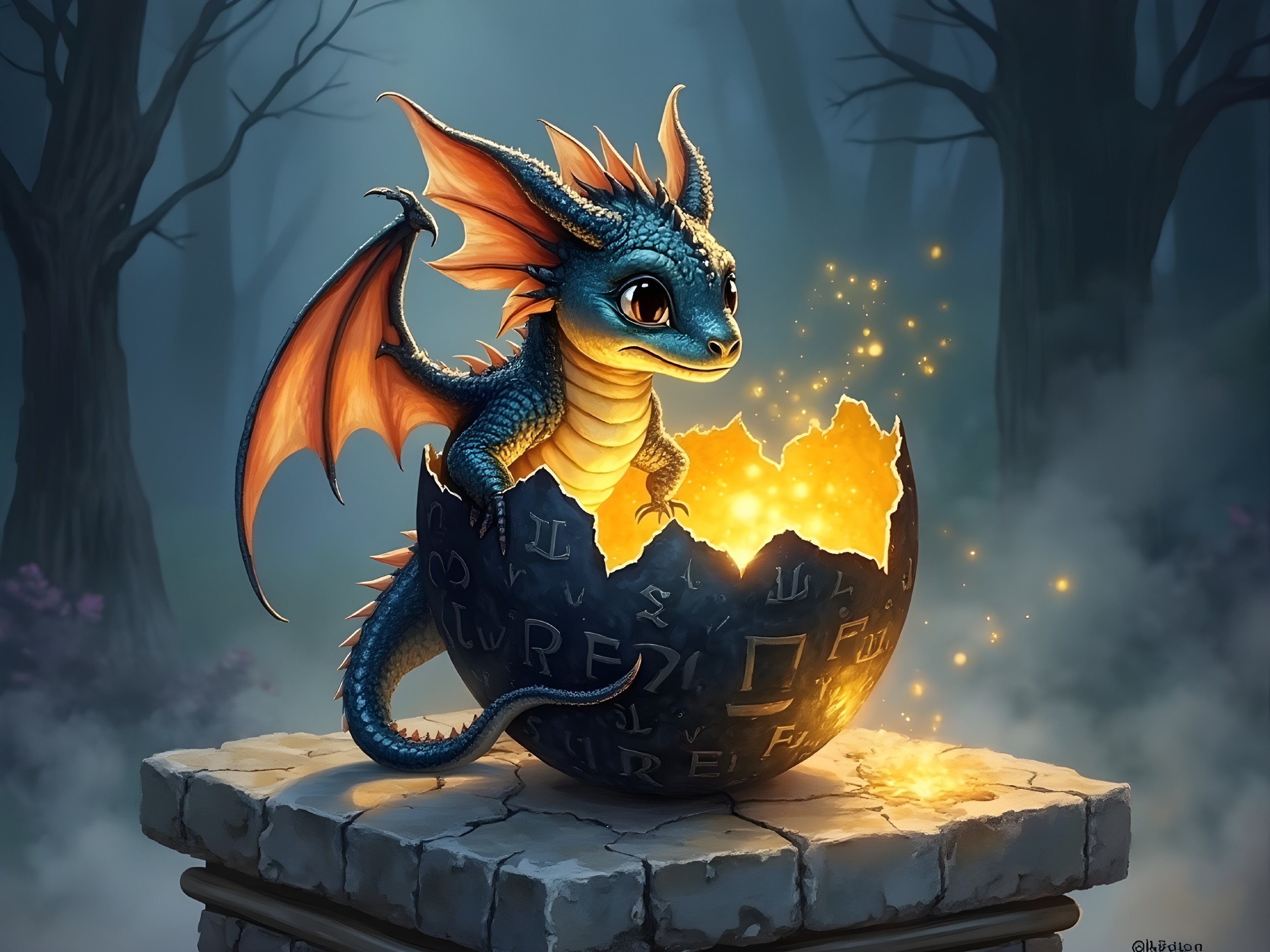 Vibrant Blue Dragon Hatching from Glowing Egg in Forest