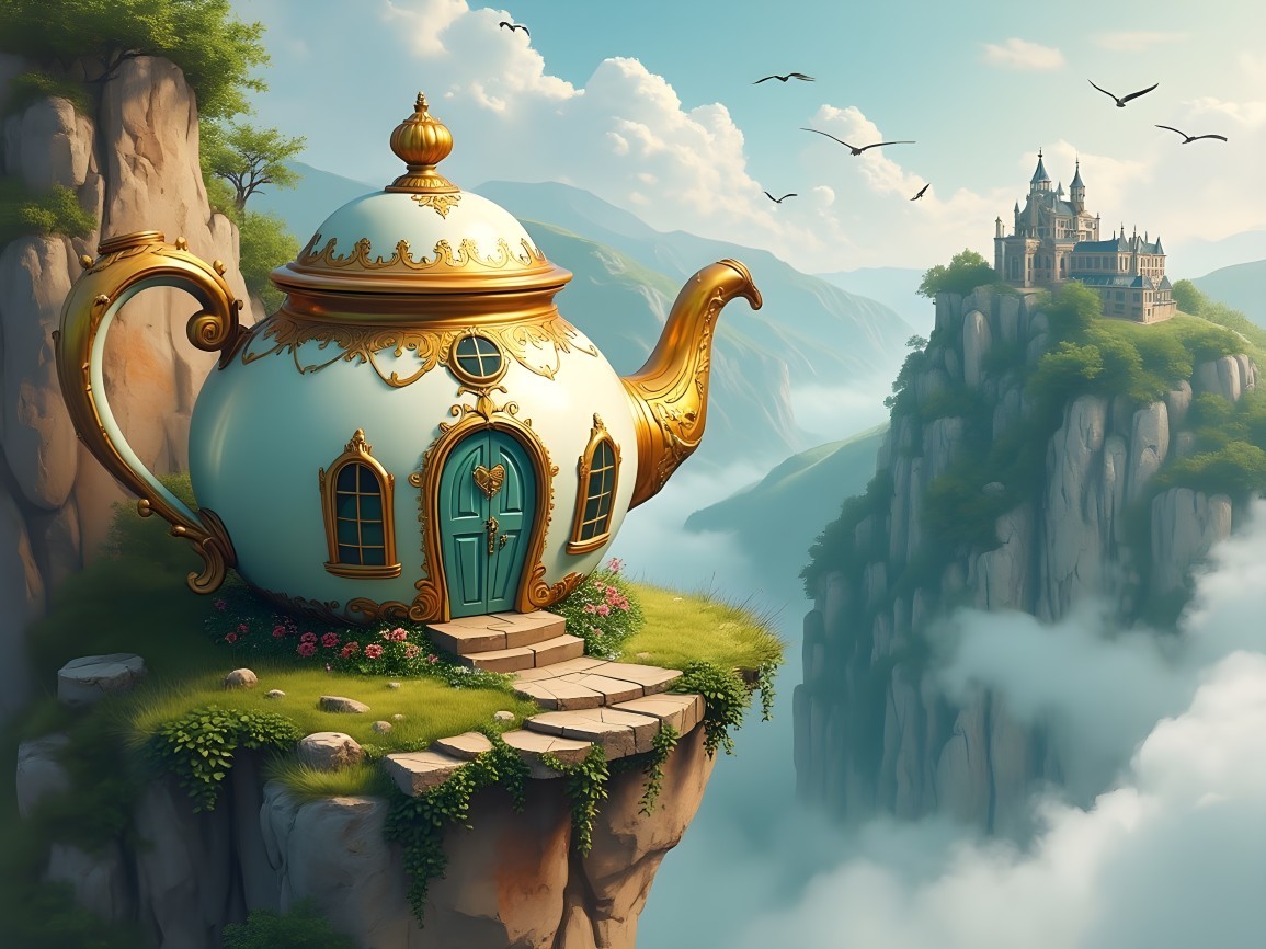 Teapot-Shaped House on a Cliff in Fairy-Tale Landscape