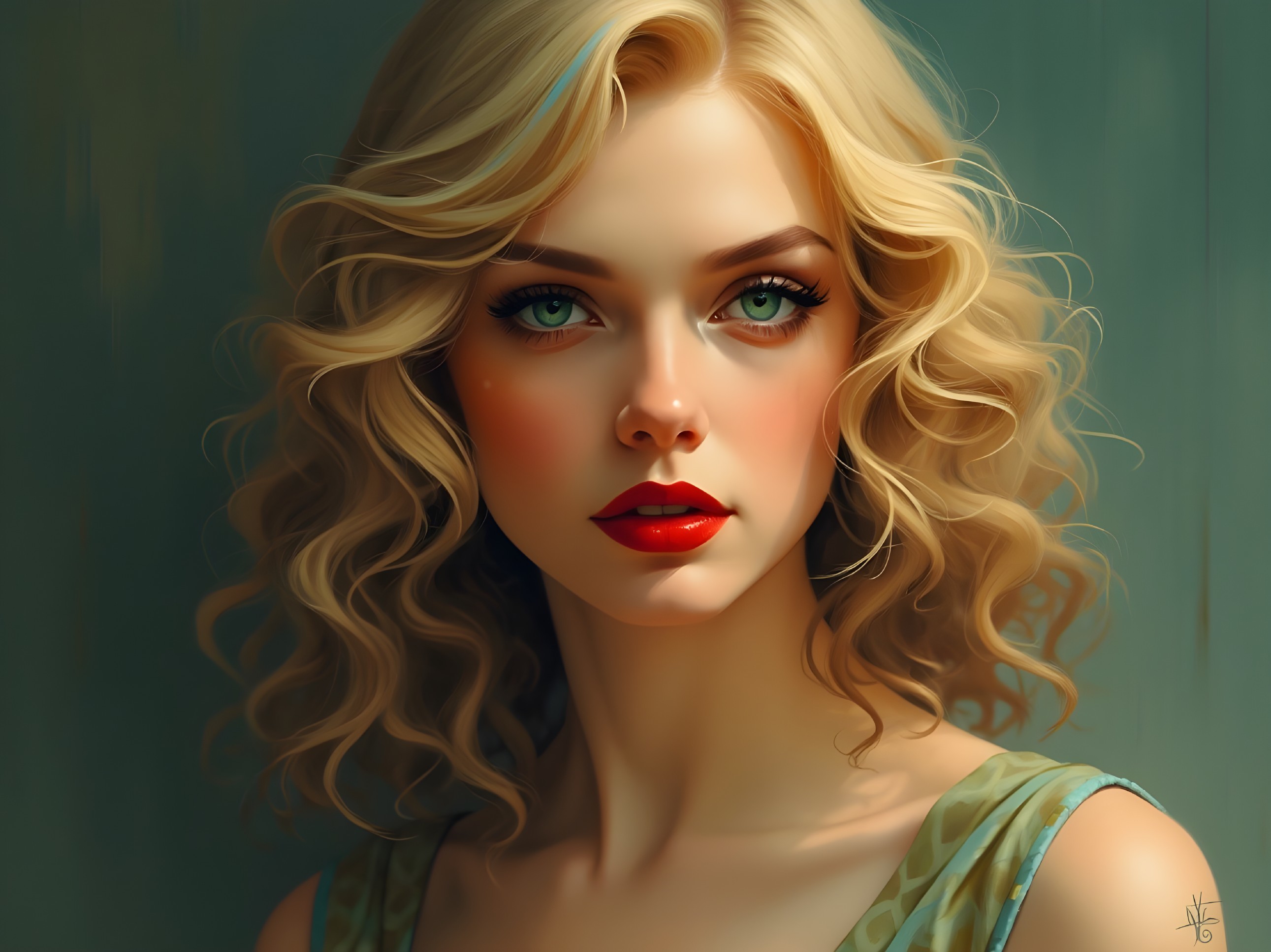 Young woman with wavy blonde hair and green eyes