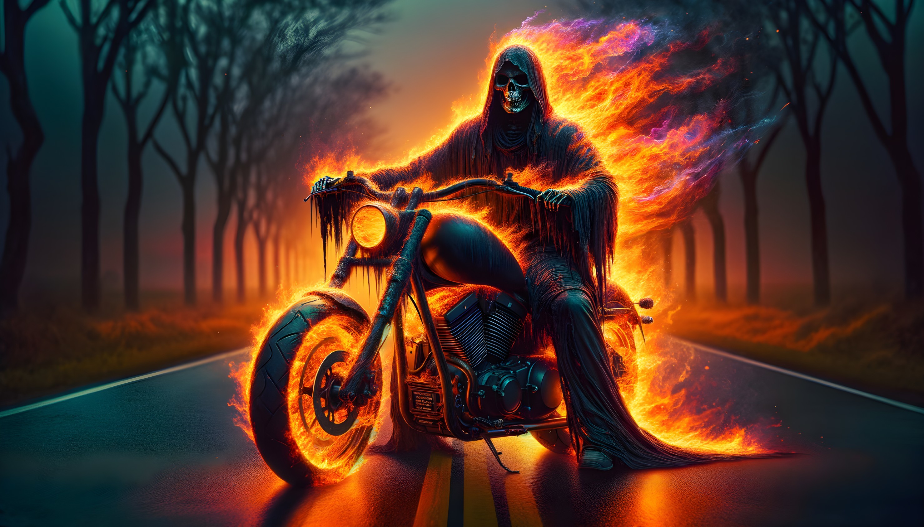 Mystical Figure on Motorcycle with Flames at Dusk