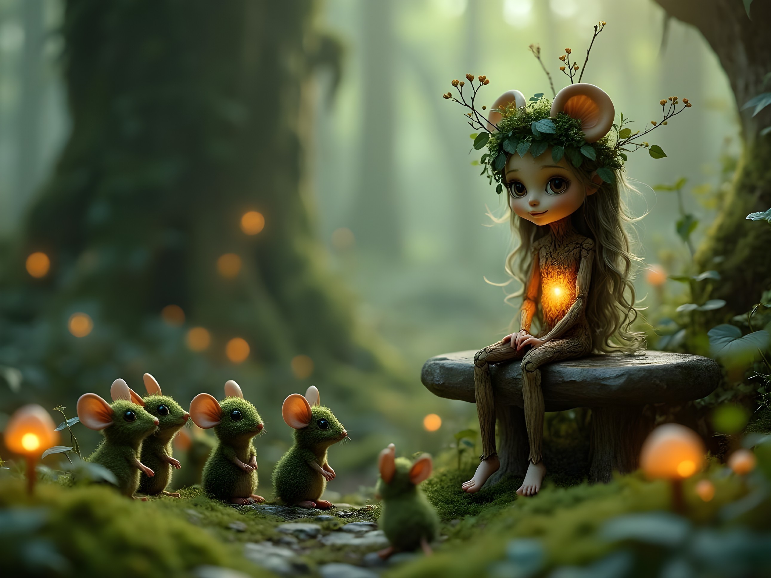 Serene girl in a mystical forest with glowing light