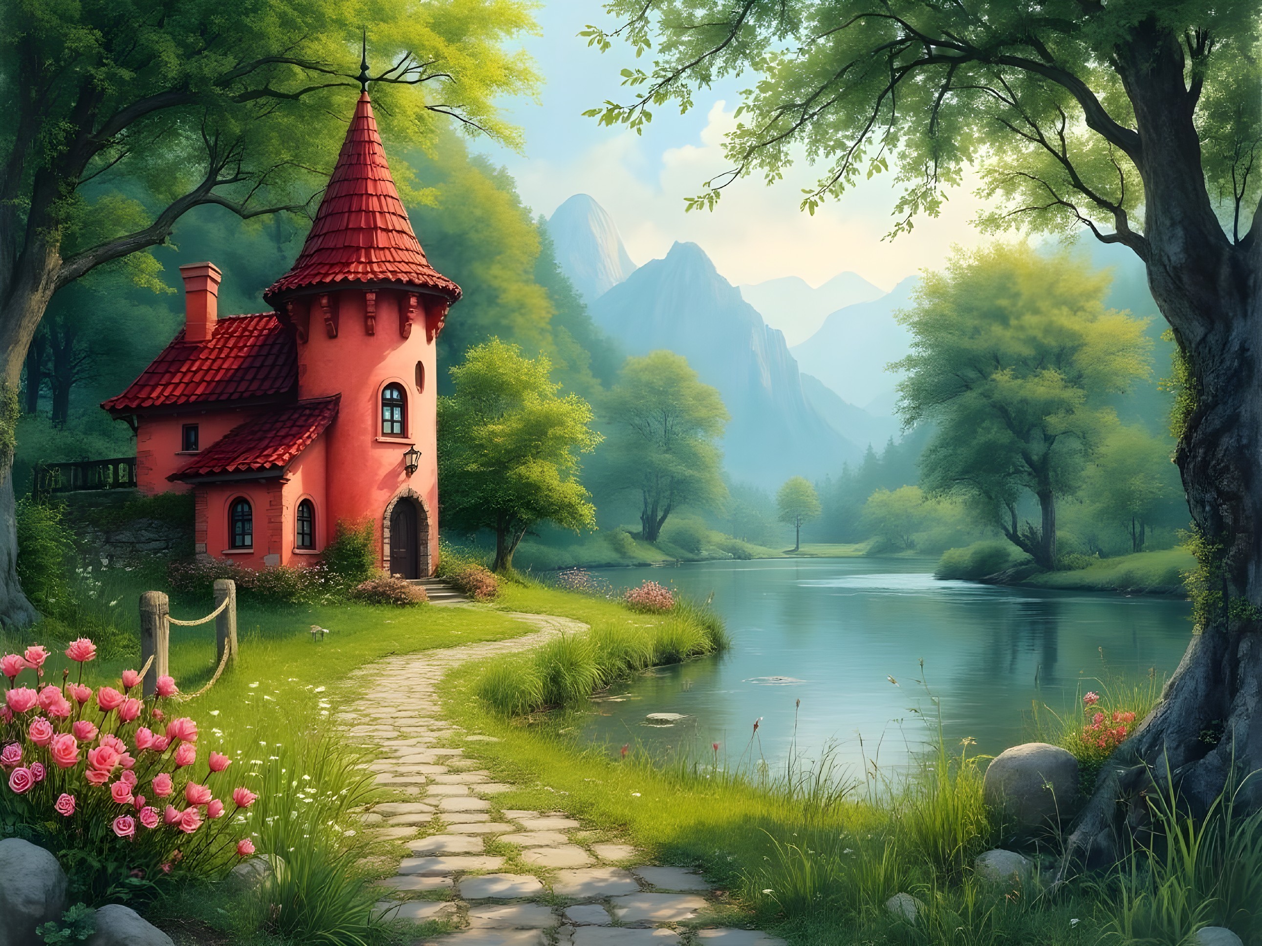 Charming Pink Cottage by Serene Lake and Roses