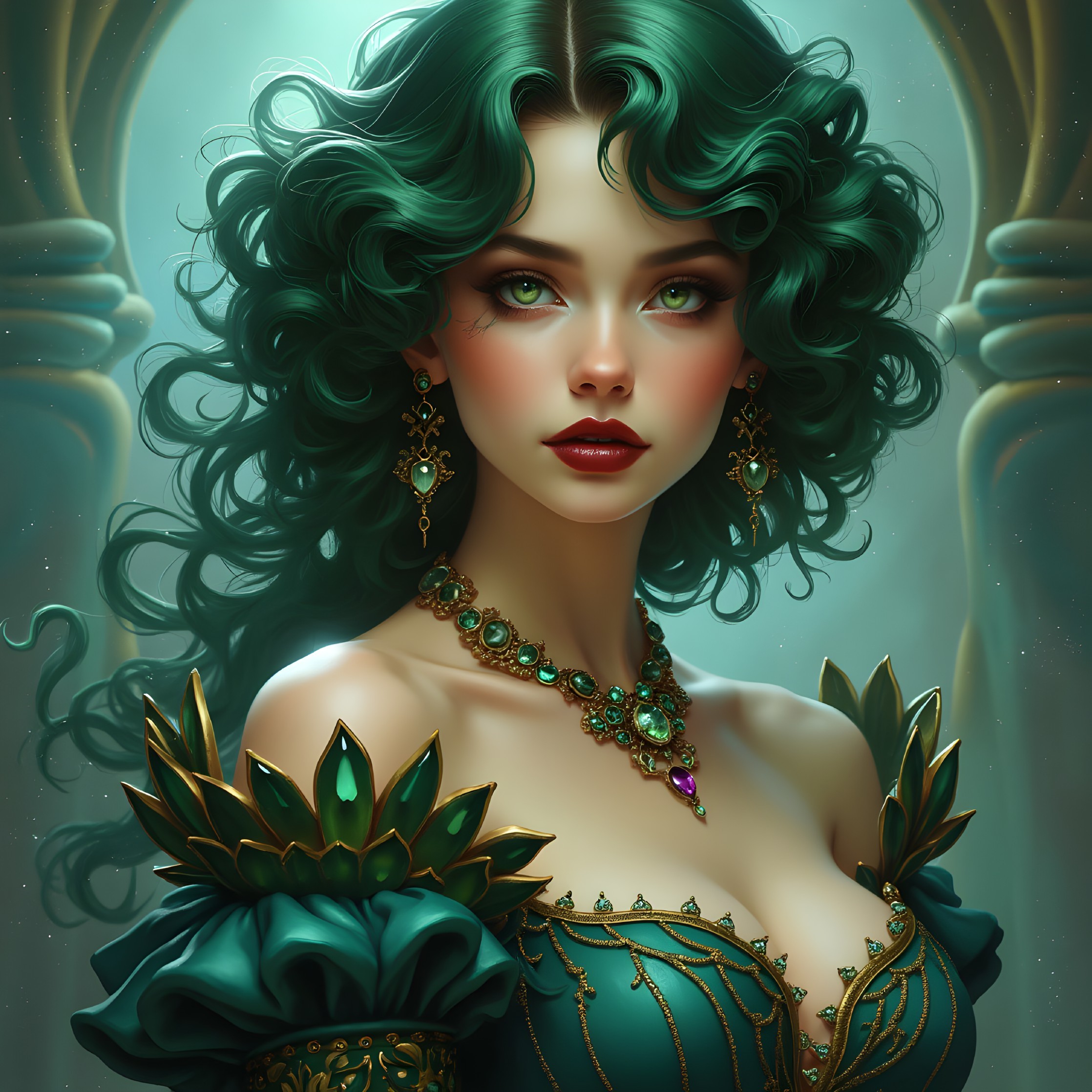 Emerald-Green Haired Woman in Opulent Gown and Jewelry