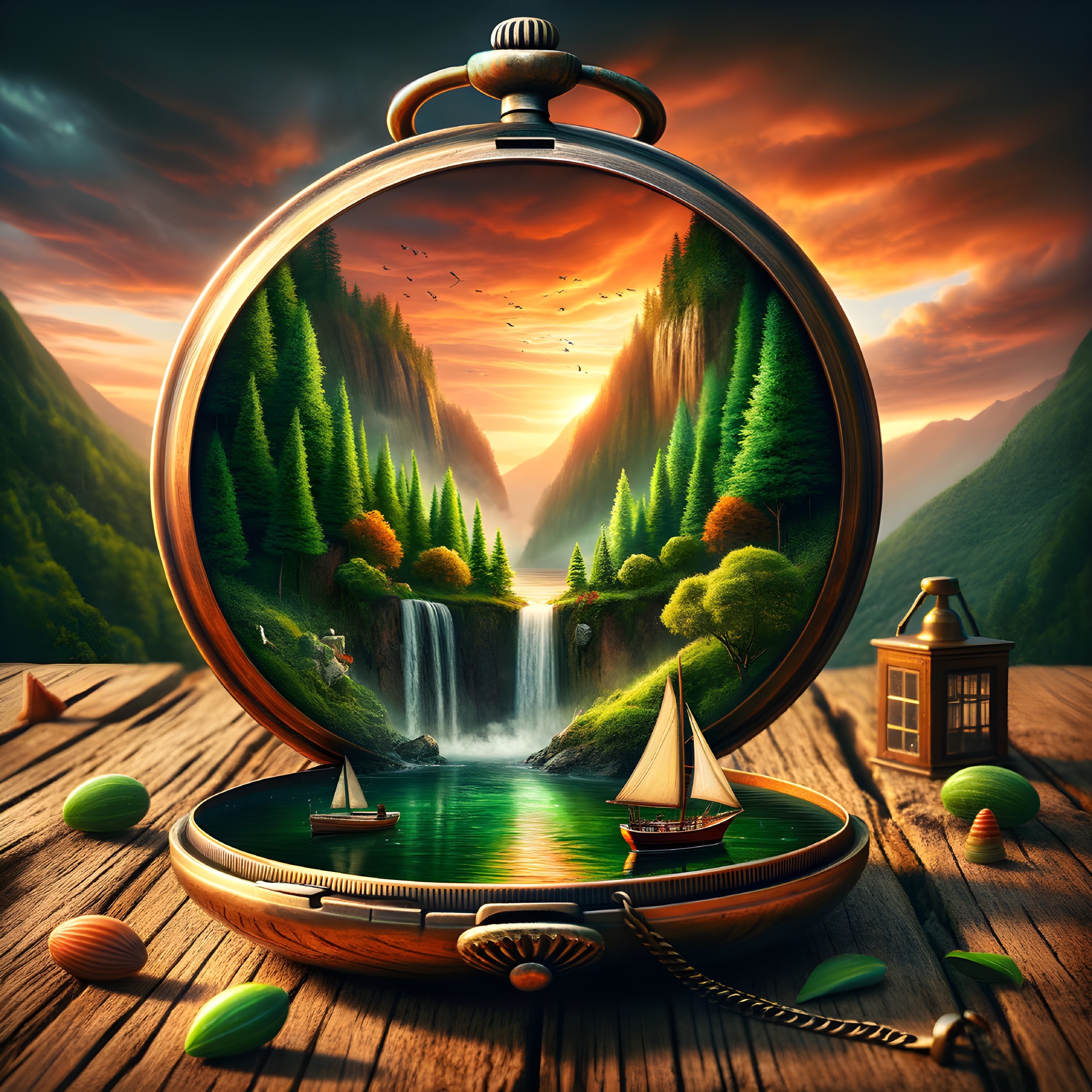 Pocket Watch with Scenic Landscape and Candies
