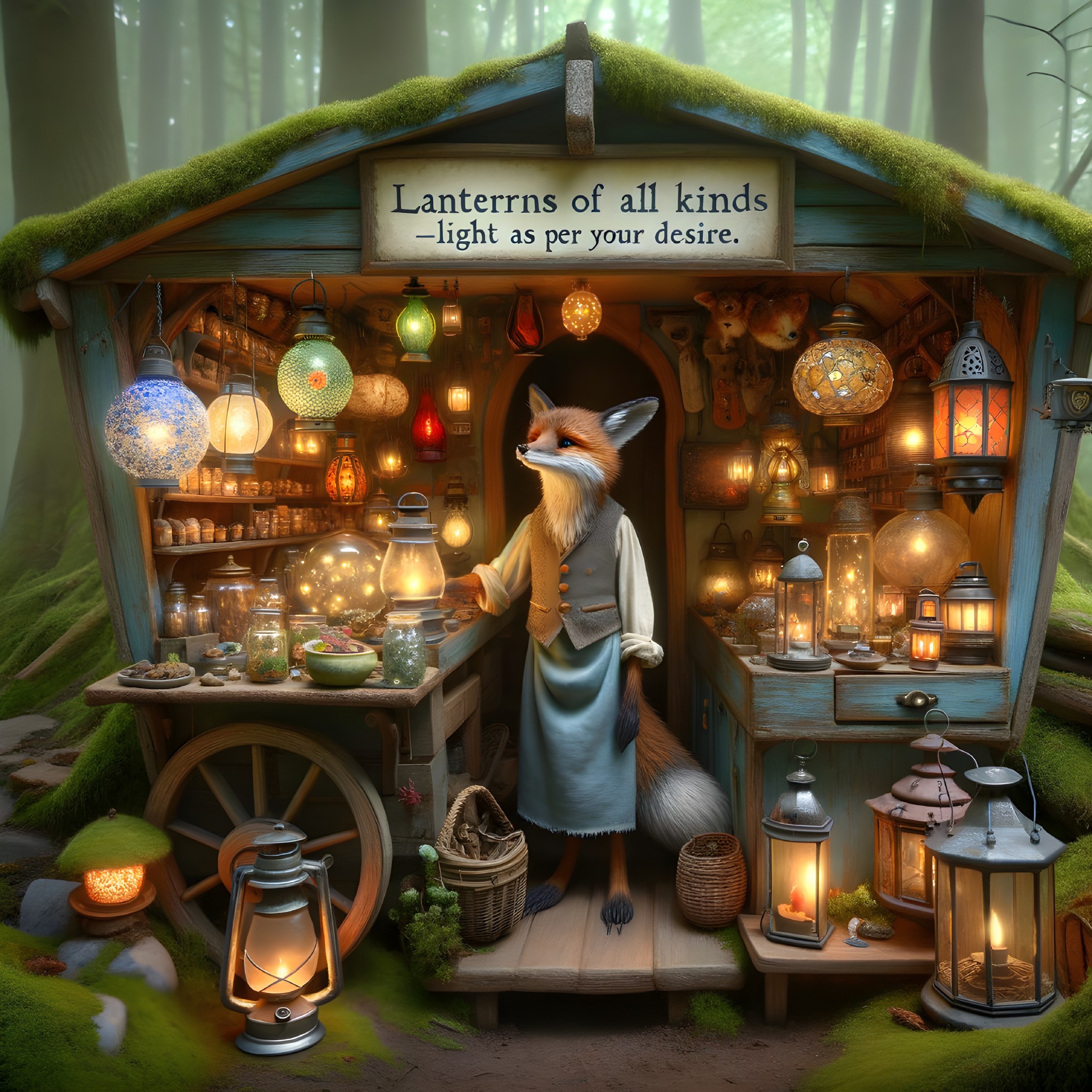 Charming Fox in a Lantern Shop in a Mystical Forest