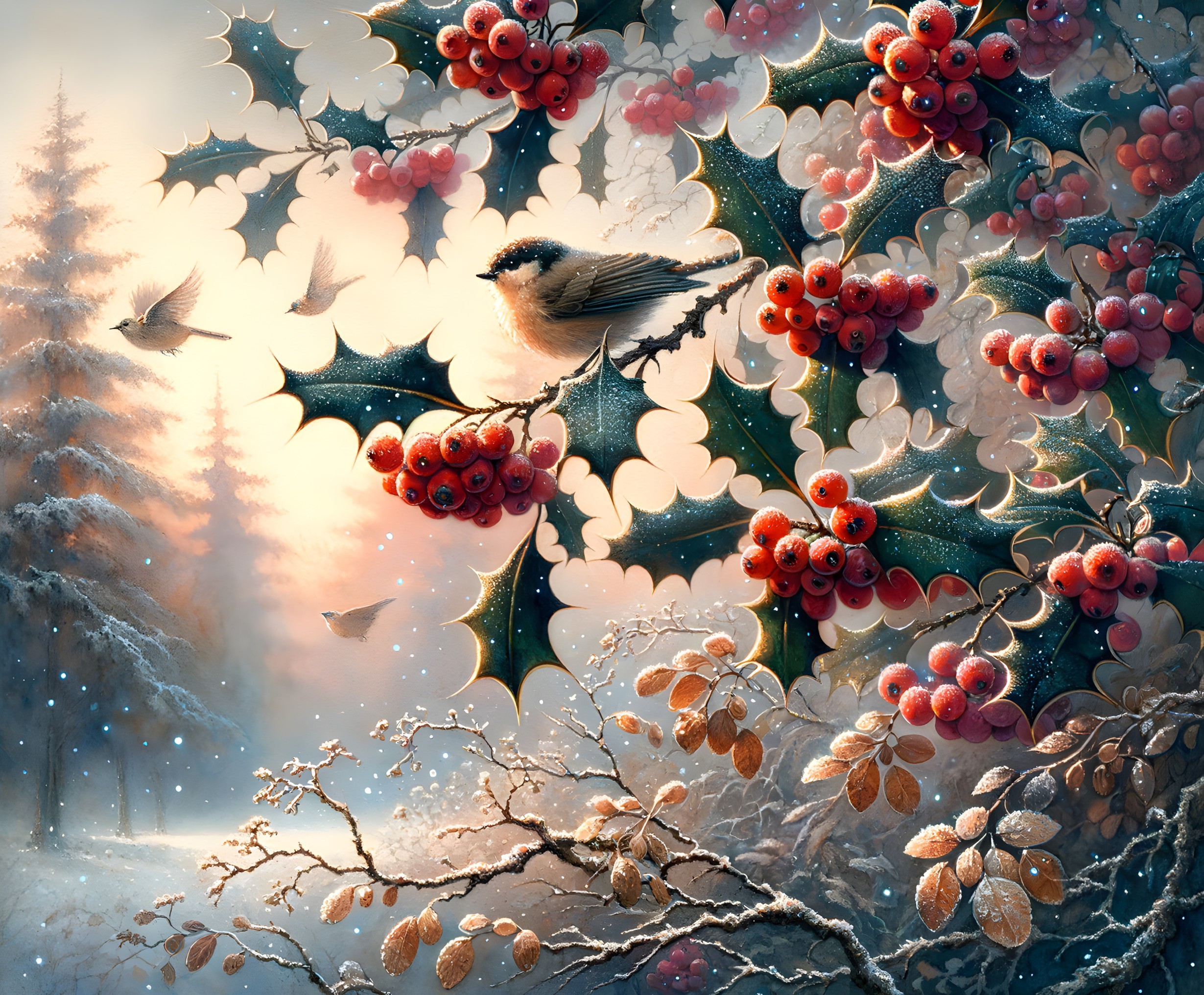 Winter Scene with Holly Berries and Snowfall