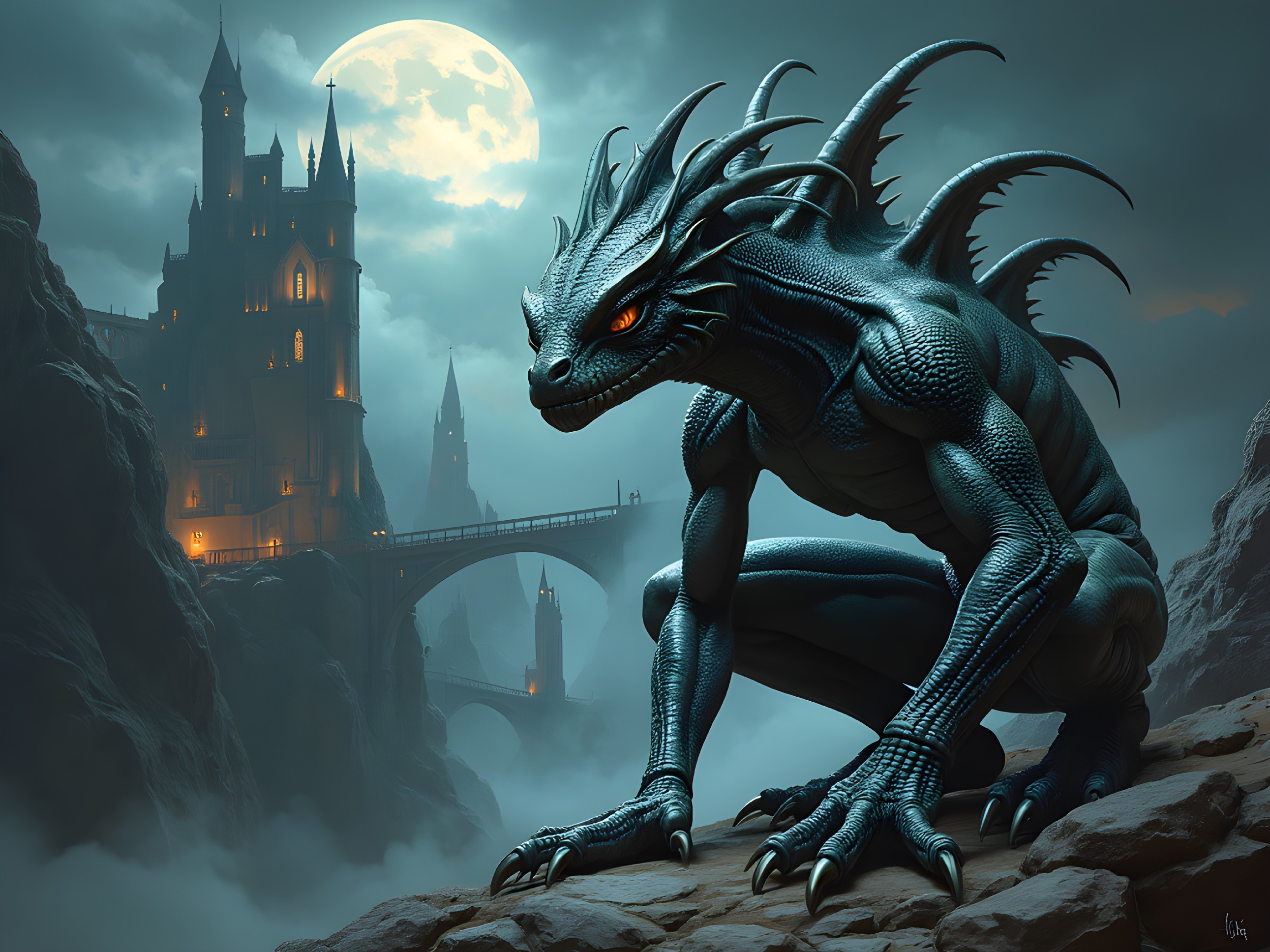 Dragon-like Creature on Rocky Outcrop Under Moonlight