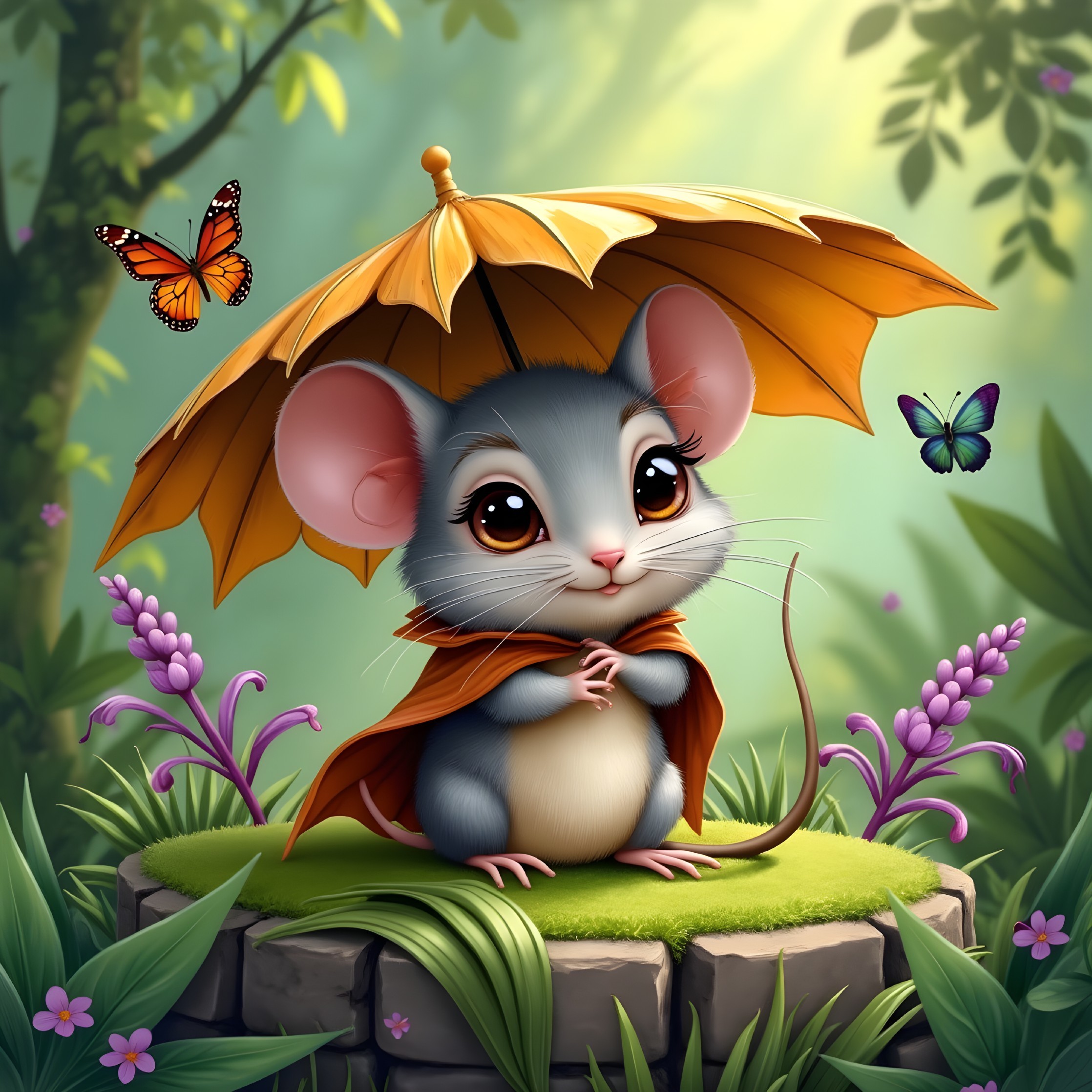 Cartoon Mouse with Umbrella on Stone Platform