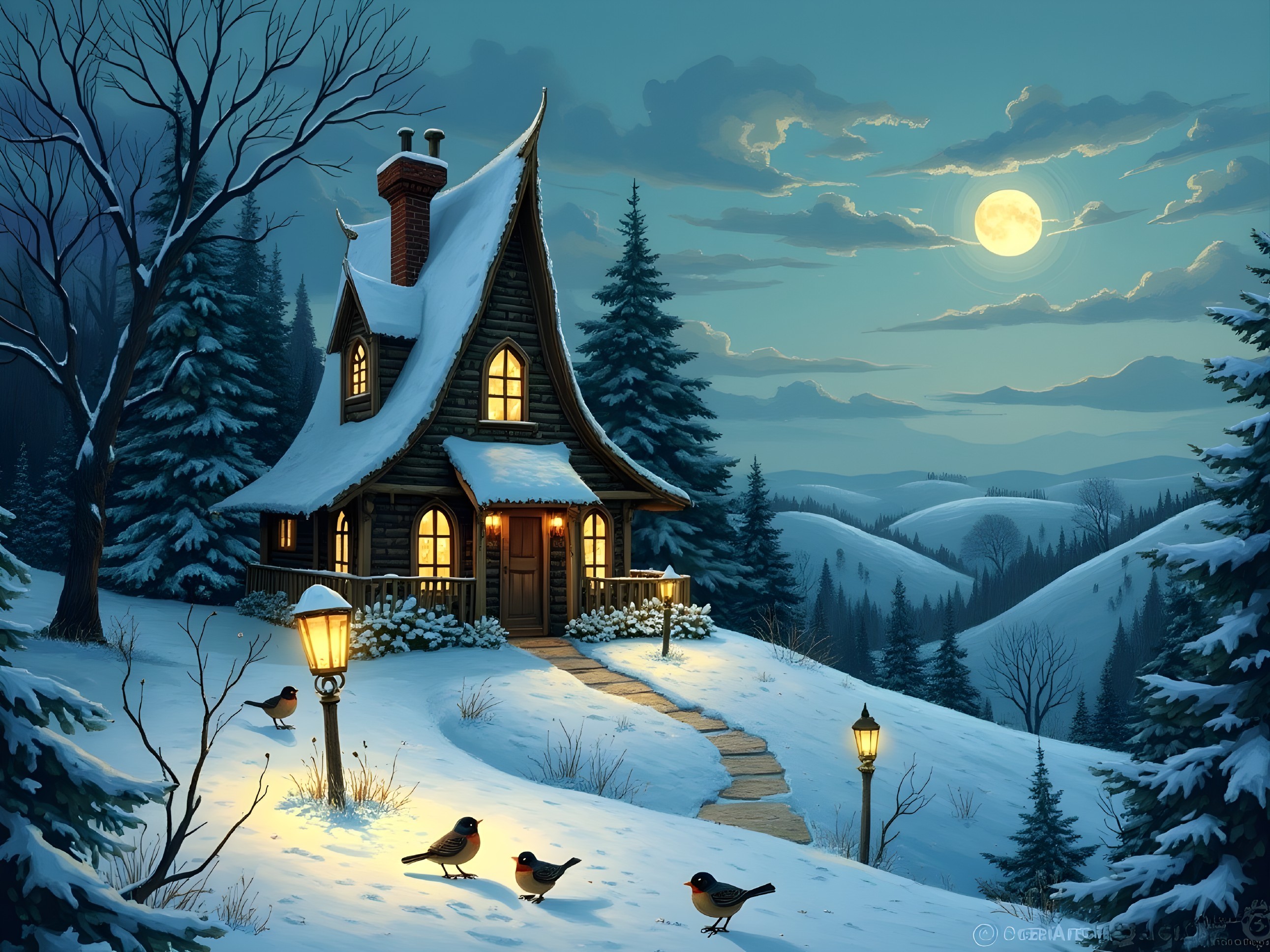 Cozy Cottage in a Snowy Winter Landscape