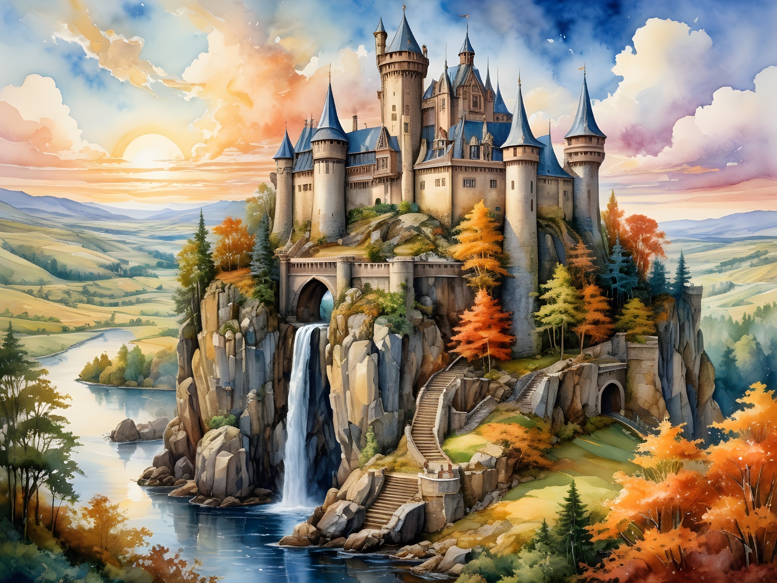 Majestic castle surrounded by autumn trees and hills