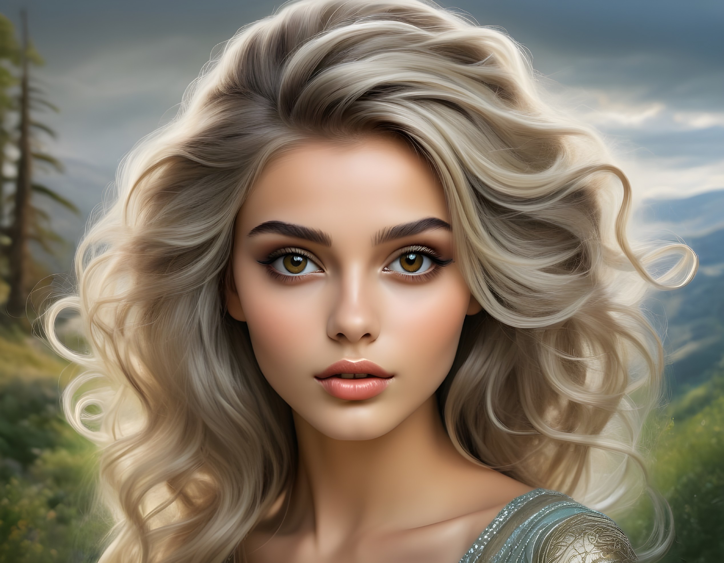 Young Woman with Blonde Hair in Serene Landscape
