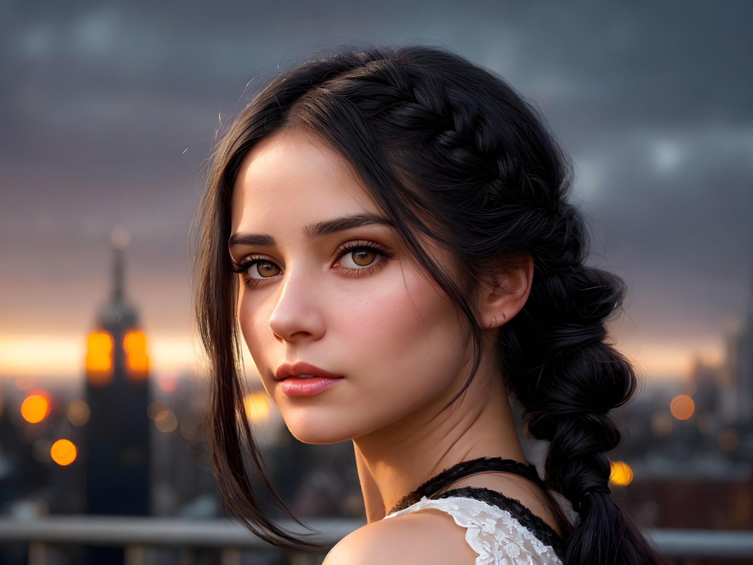 Young Woman with Braided Hair Against Urban Sunset