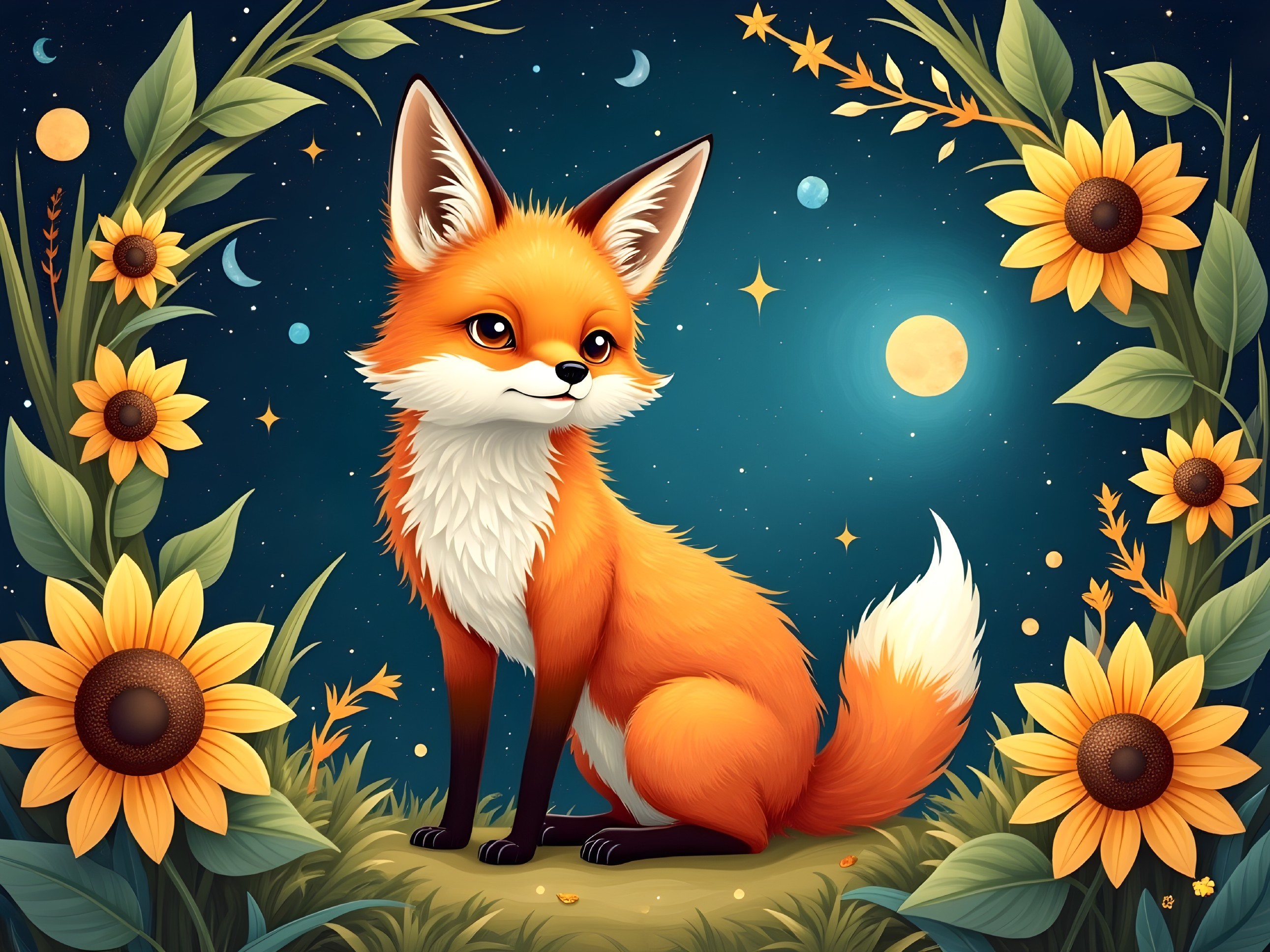 Whimsical Illustration of a Fox in a Magical Setting