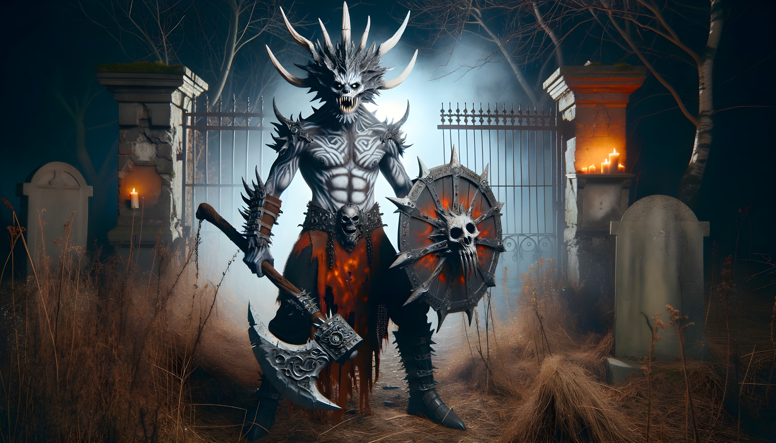 Fierce Warrior in Misty Graveyard with Spiked Armor