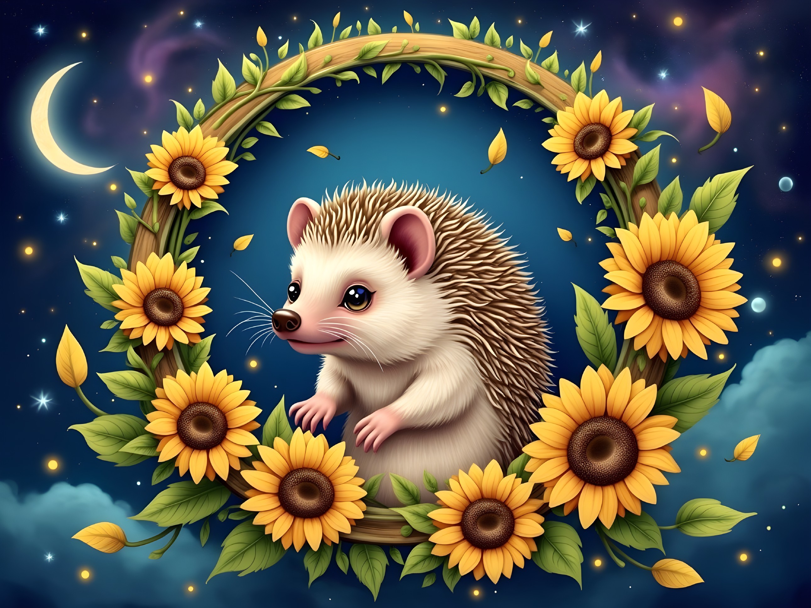 Hedgehog in Floral Frame with Night Sky Background