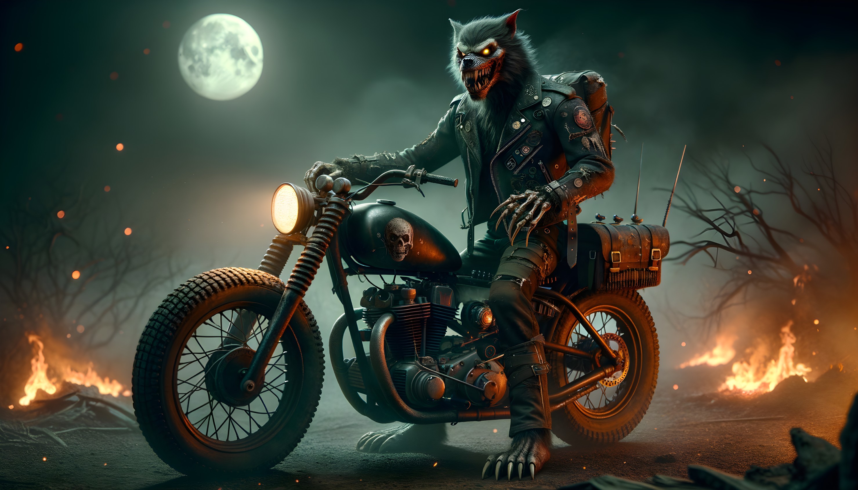 Werewolf Creature on Motorcycle in Moonlit Landscape