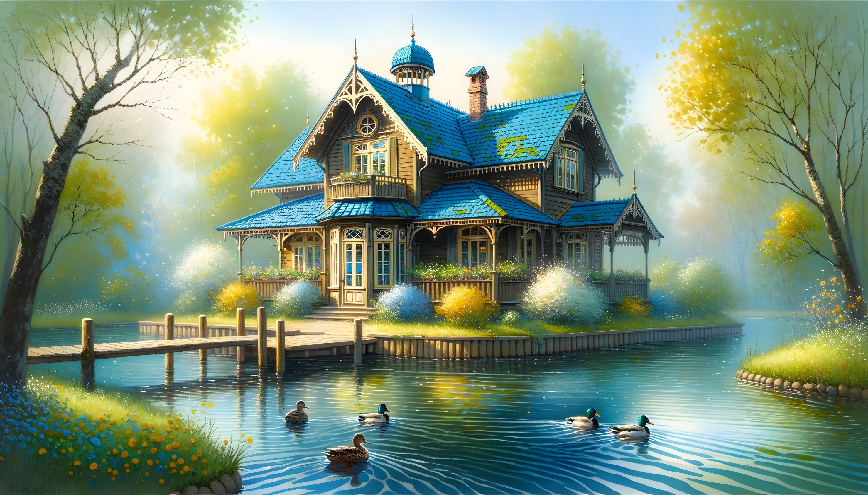 Ornate house by tranquil lake with vibrant flowers