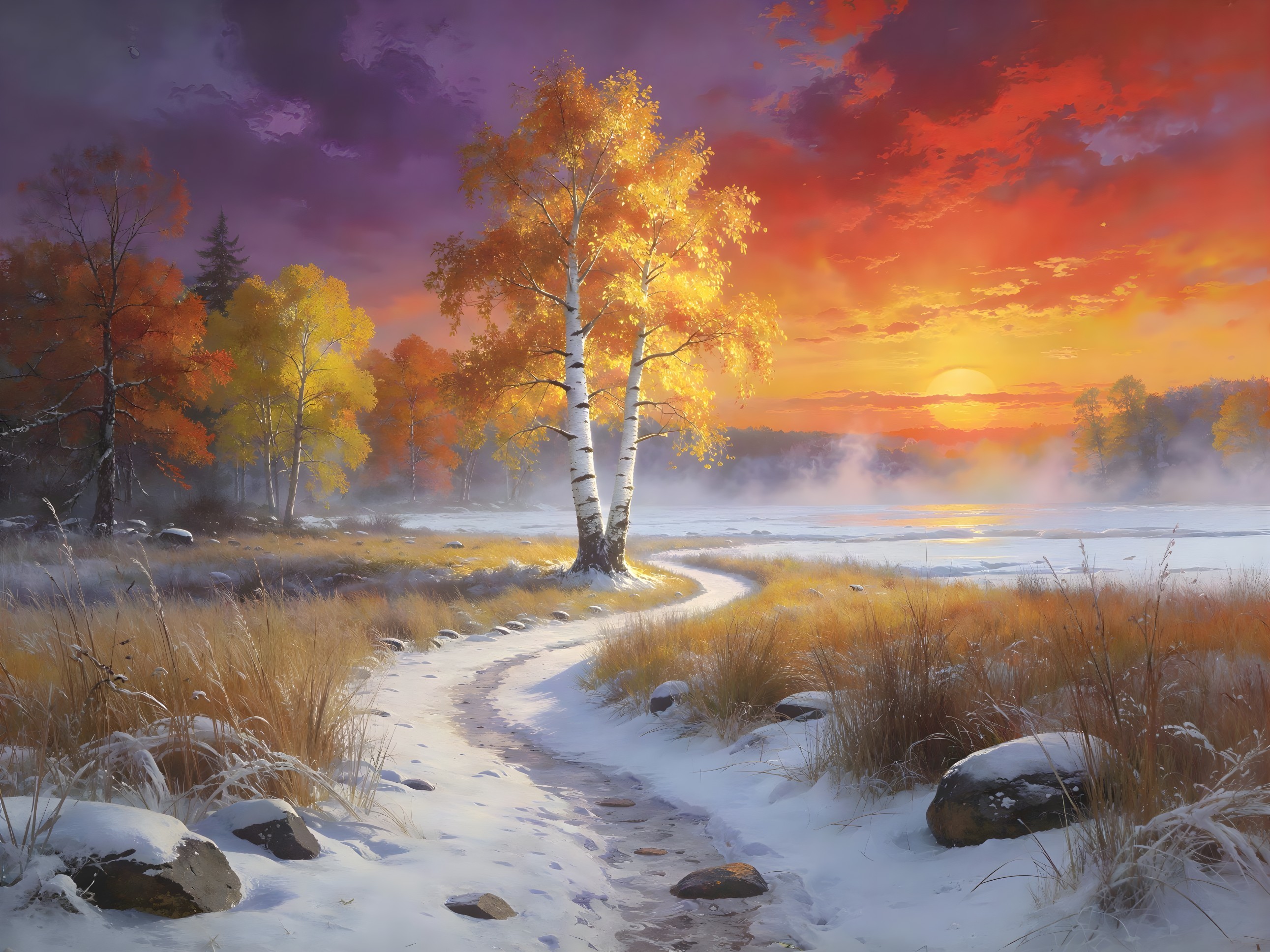 Snowy Pathway Through Golden Grass and Vibrant Lake