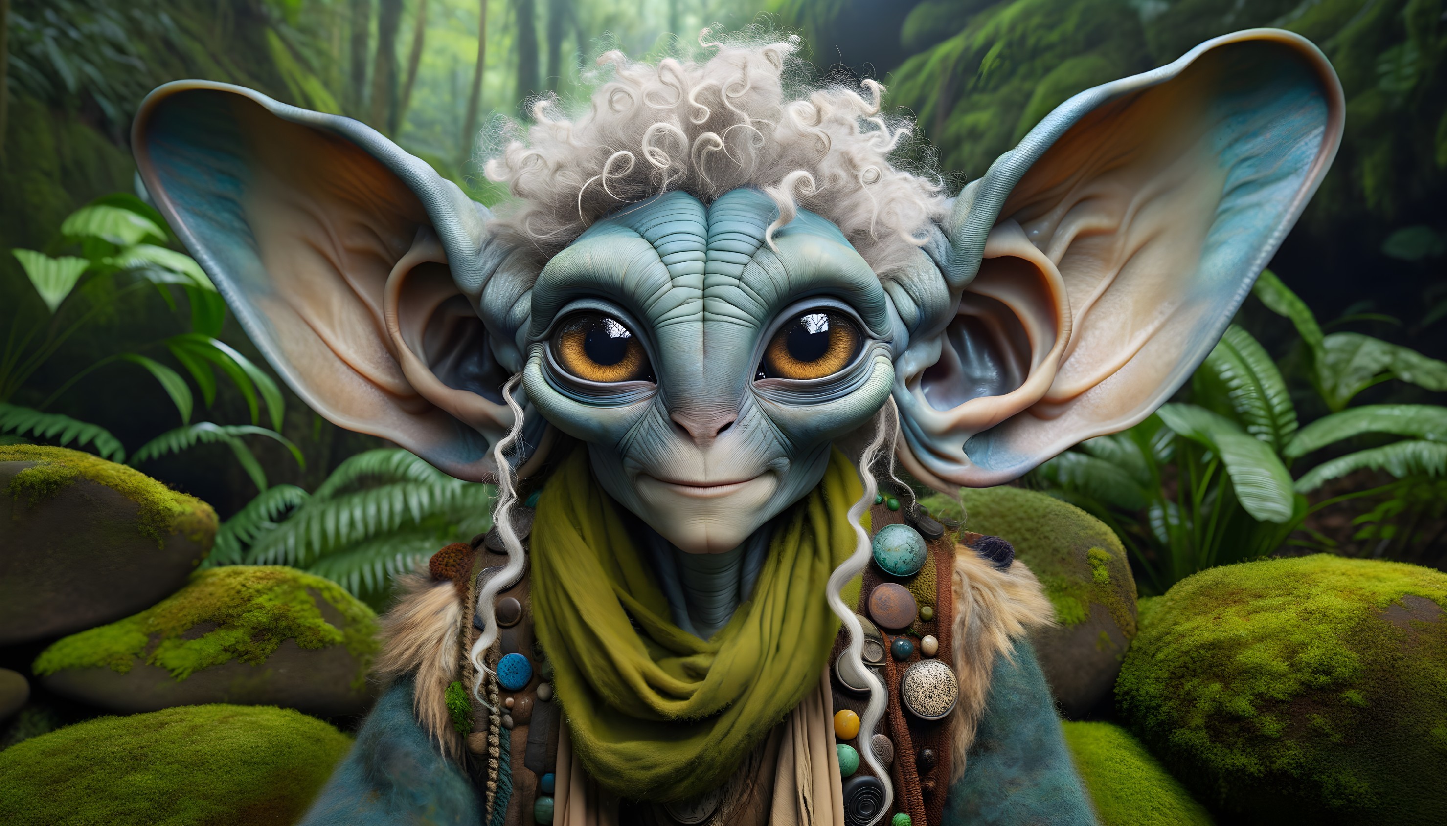 Humanoid Creature in Colorful Nature-Inspired Outfit