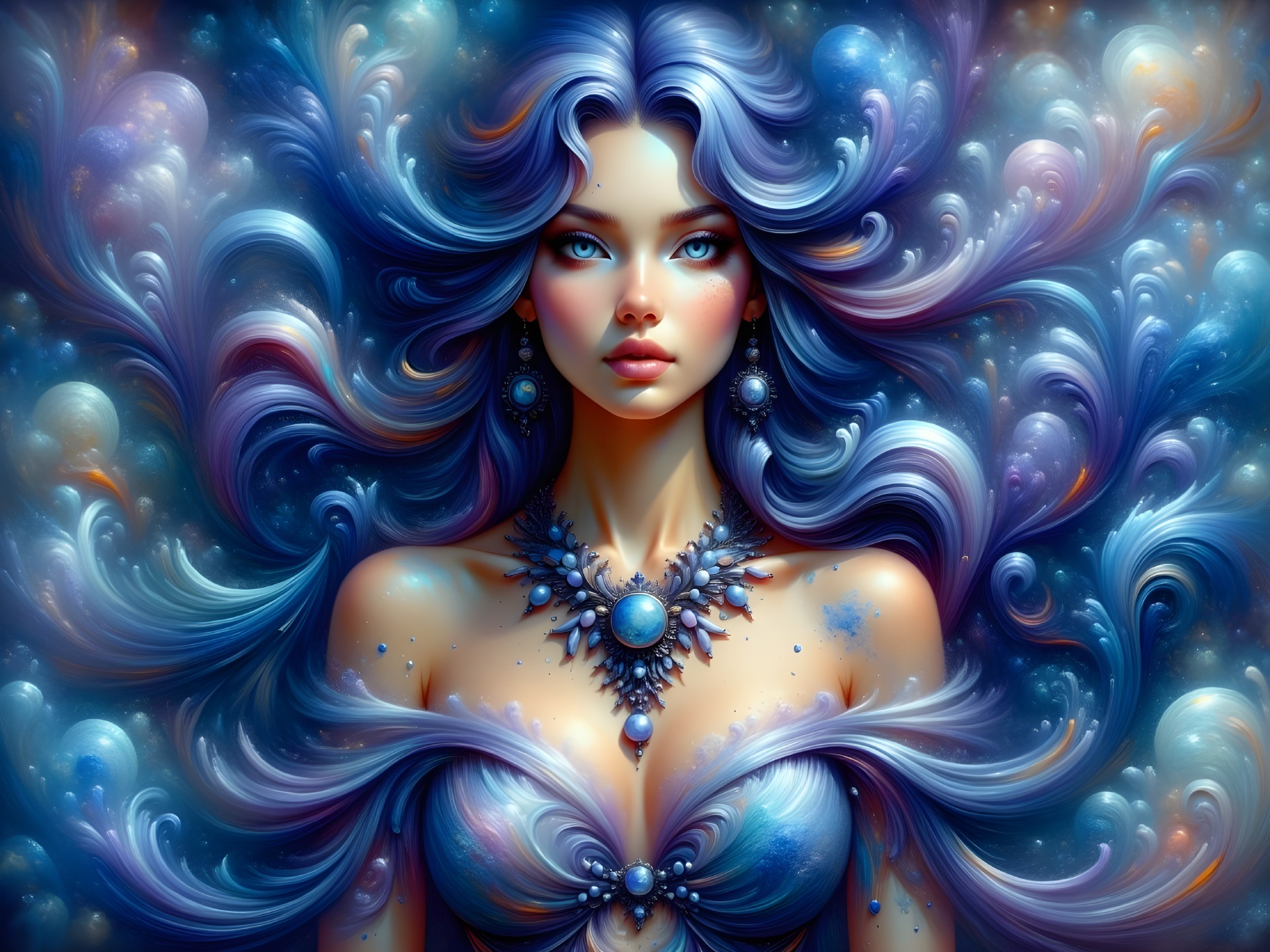 Portrait of a woman with blue and purple hair and jewelry