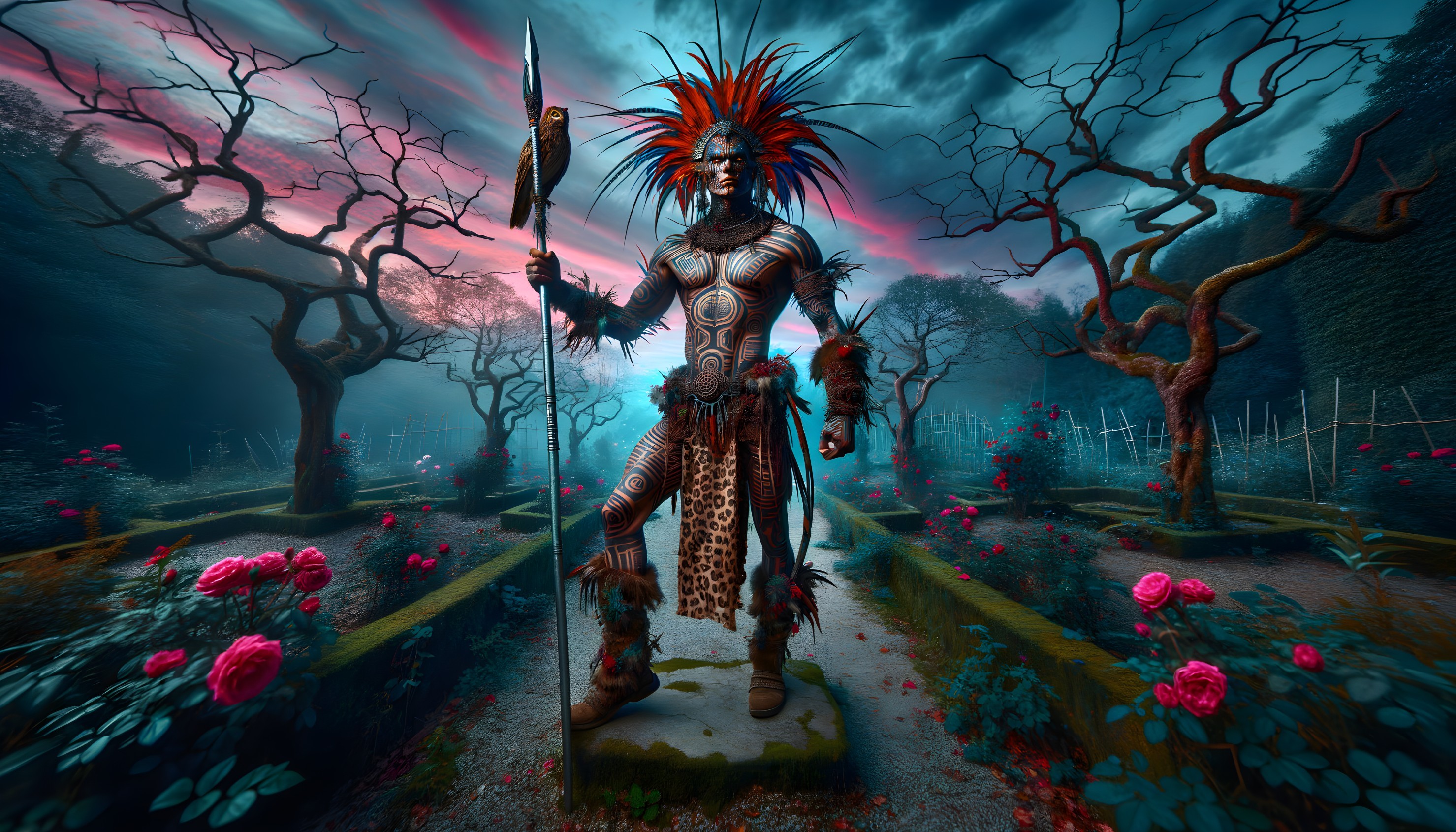 Warrior in Vibrant Feathers in Mystical Twilight Garden