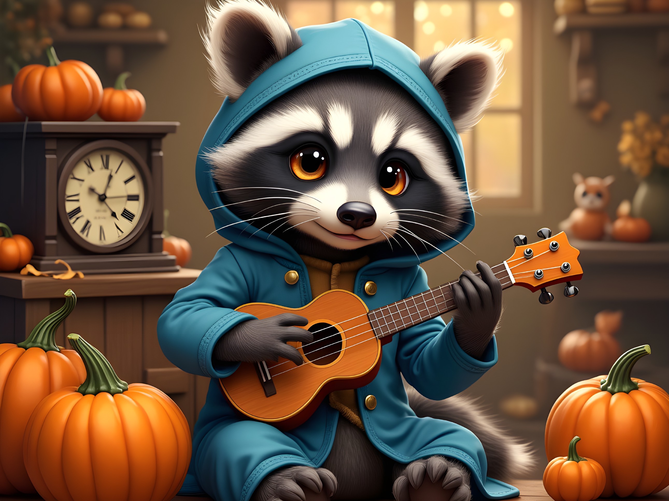 Raccoon in Hoodie Among Pumpkins with Ukulele