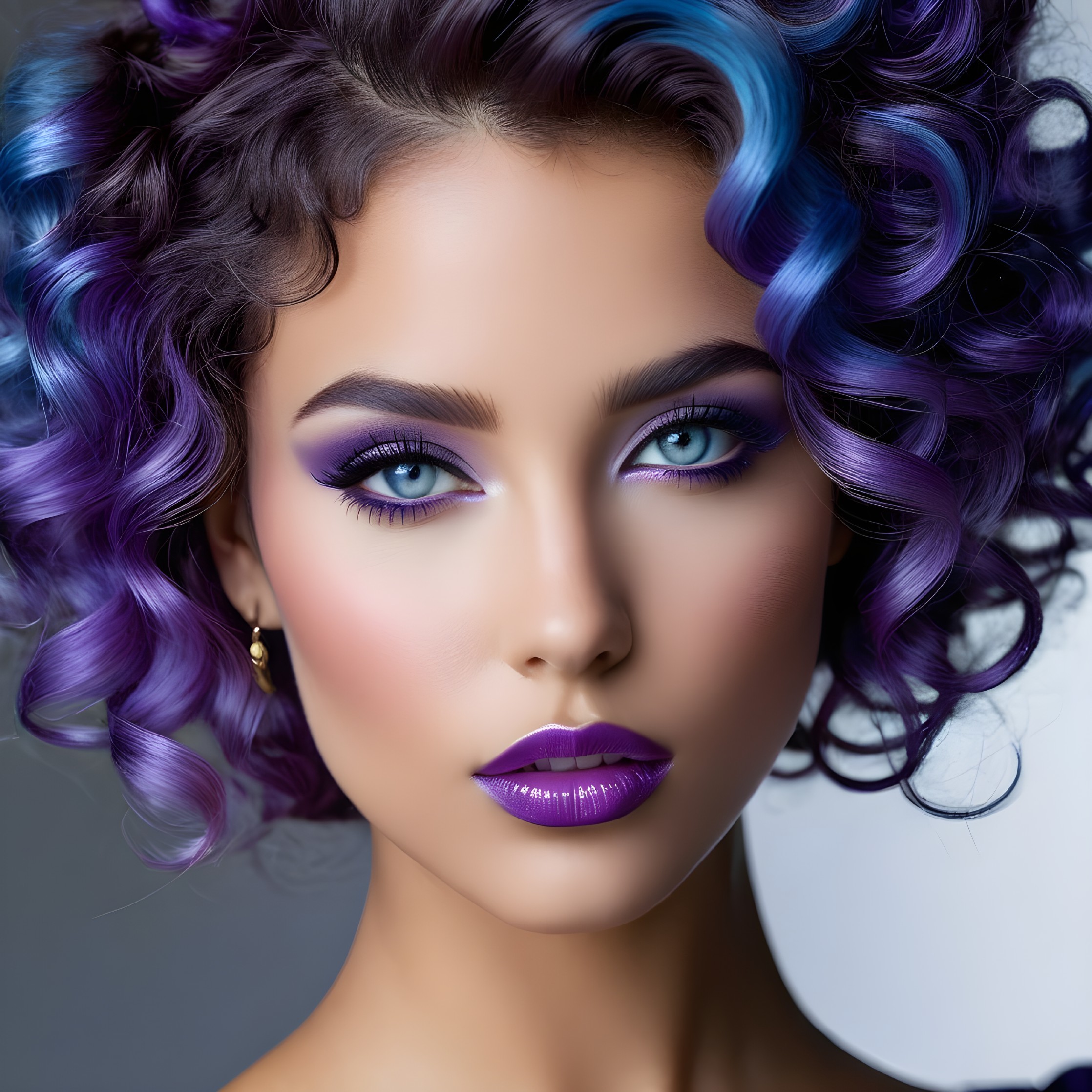 Vibrant Portrait of a Woman with Curly Purple Hair