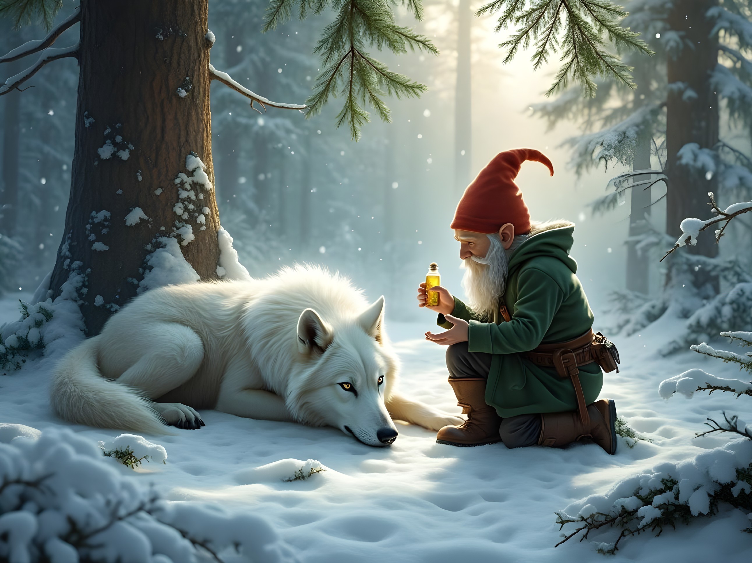 Gnome and White Wolf in a Winter Forest Scene