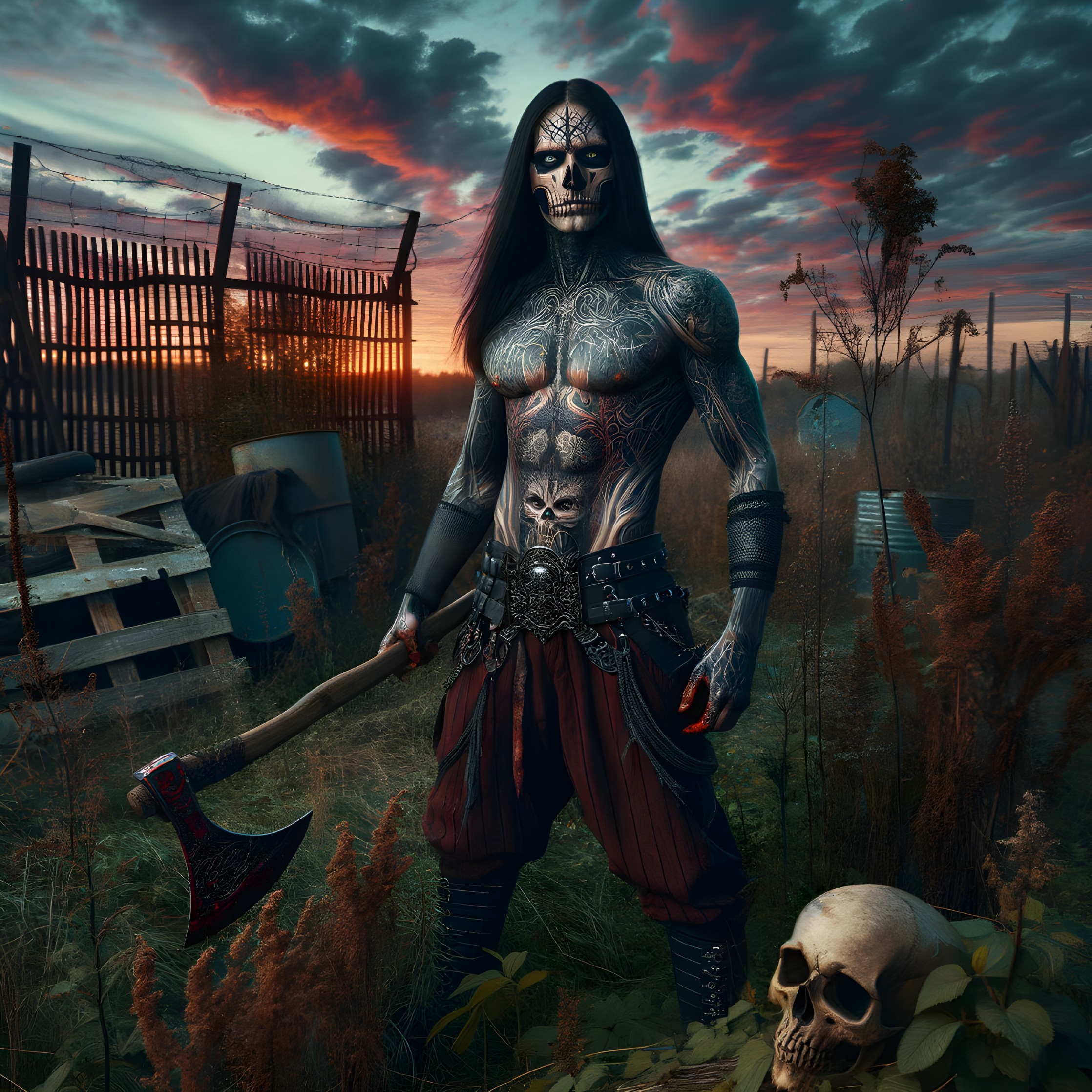 Muscular Figure with Tattoos in Desolate Sunset Scene