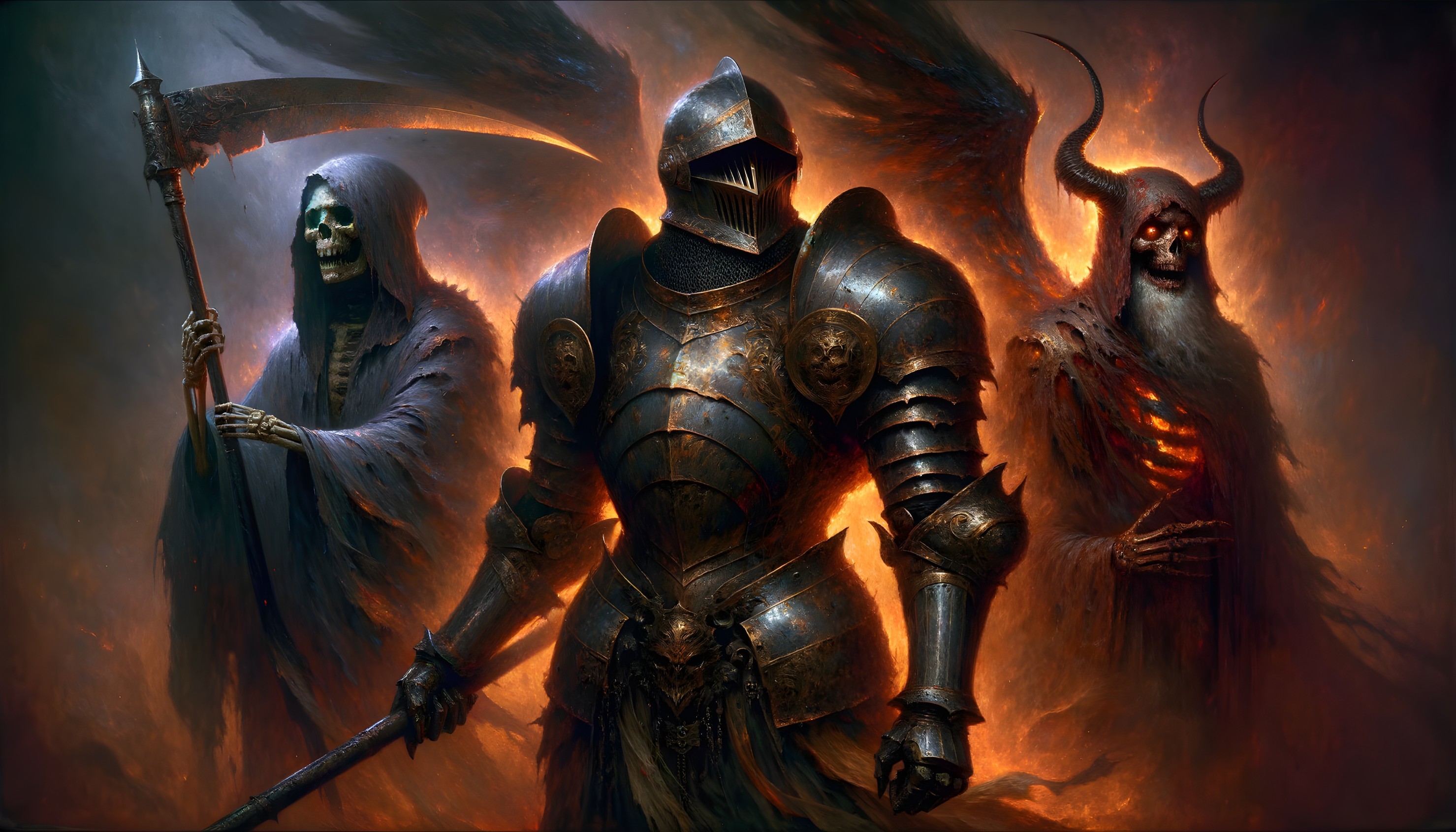 Dramatic Scene of Dark Figures in Fiery Background