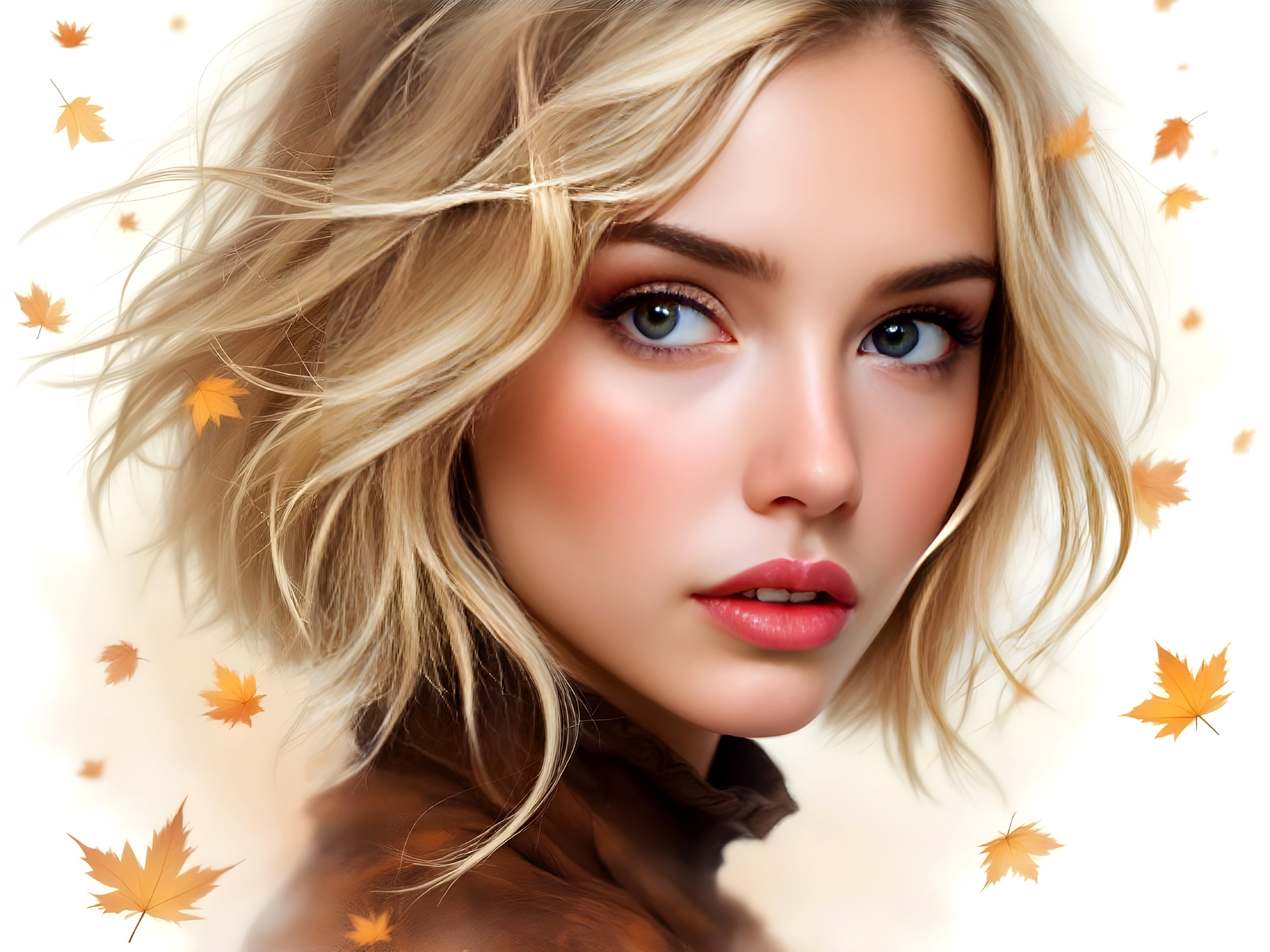 Close-up Portrait of a Young Woman with Autumn Leaves