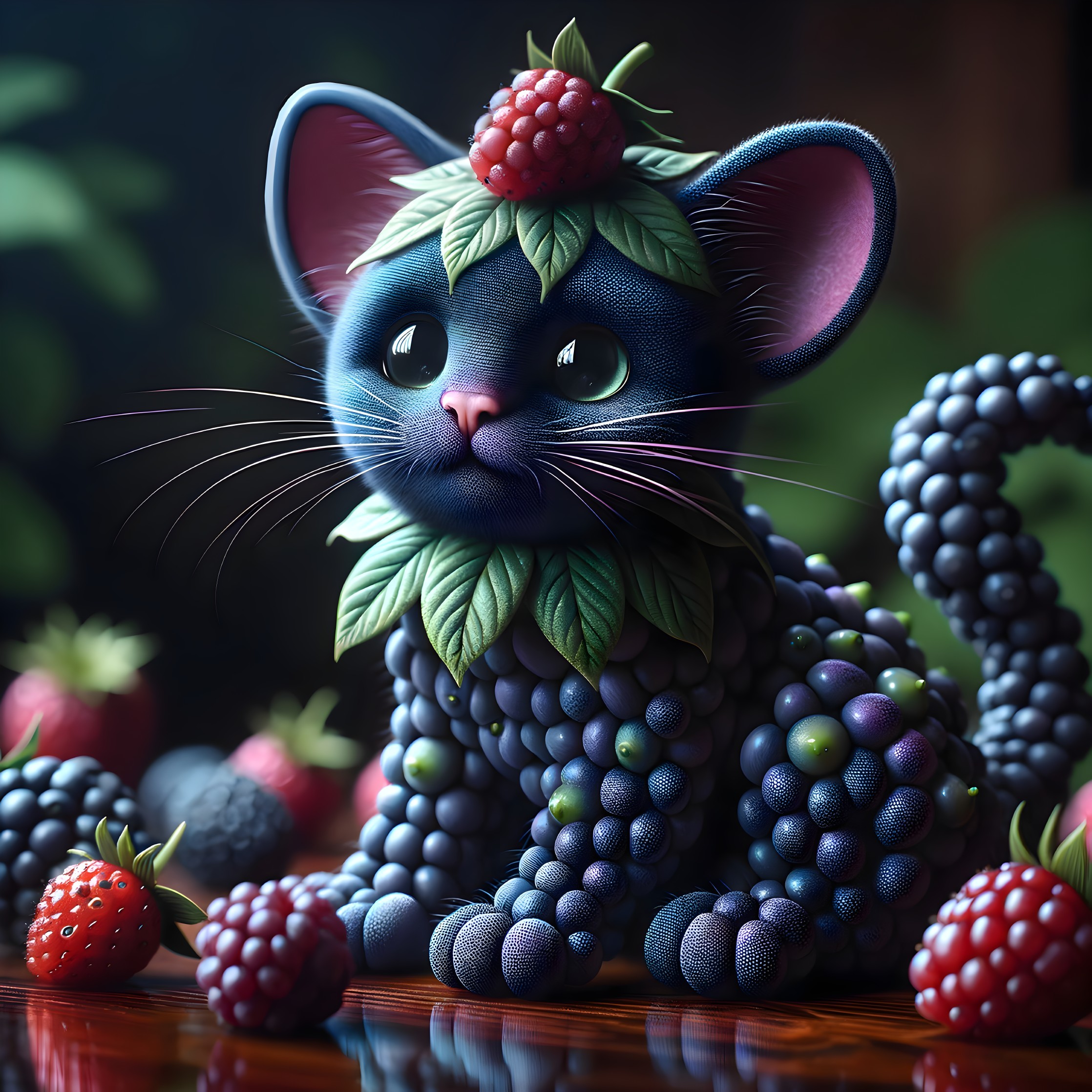 Cartoon Cat with Fruit Textures and Lush Background