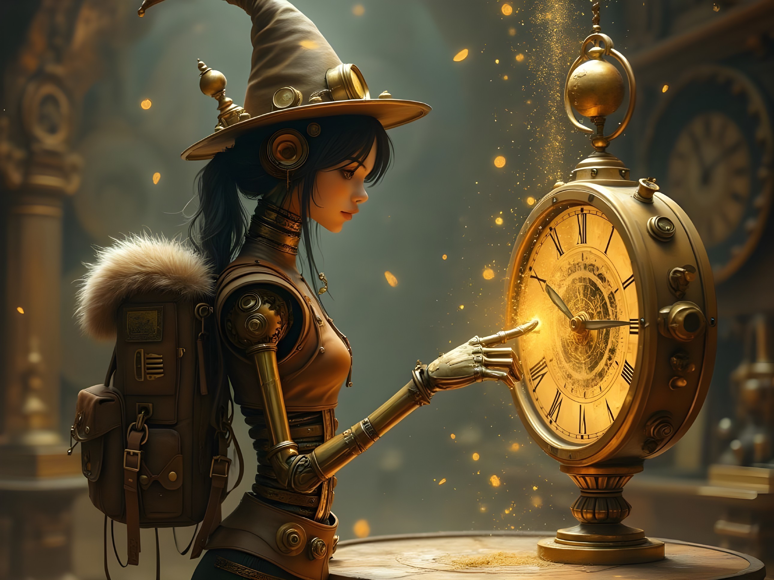 Whimsical Steampunk Scene with Young Woman and Clock