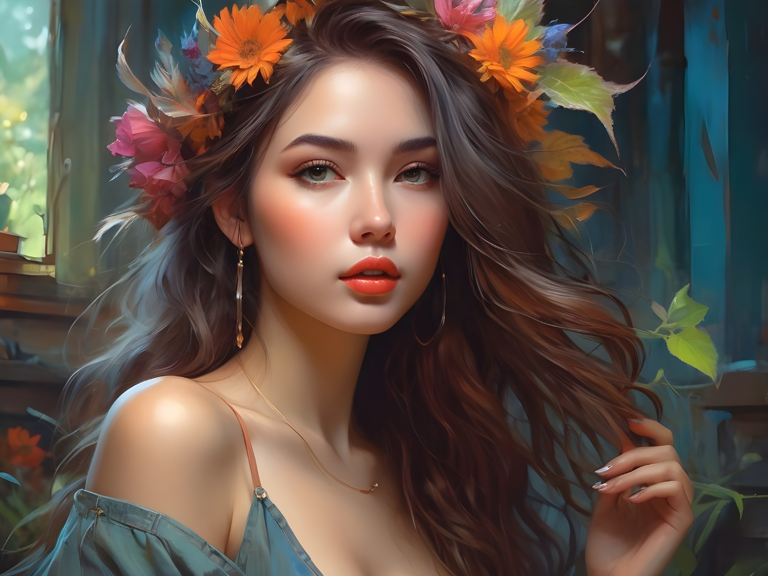 Young Woman in Sunlight with Floral Accents